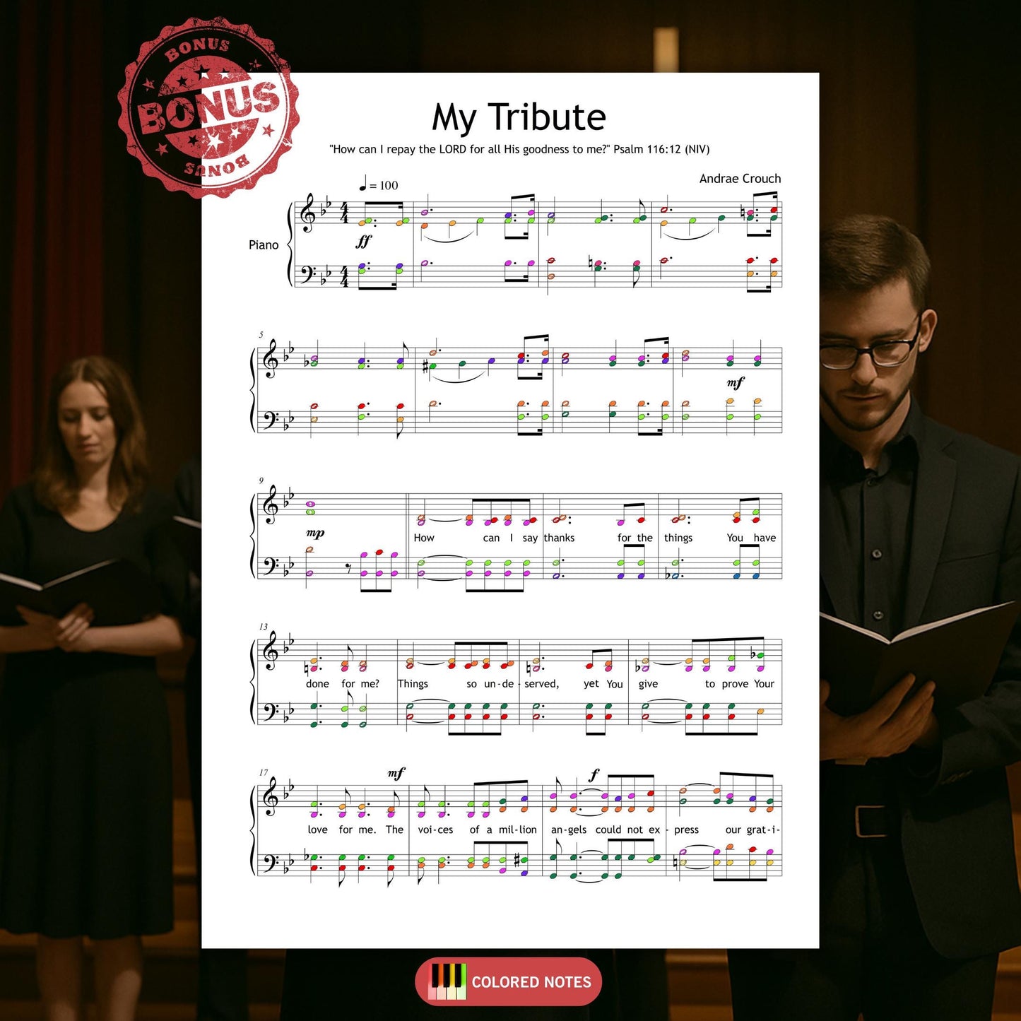 My Tribute SATB choir sheet music PDF with piano reduction.
Includes Psalm 116:12 inspiration and full lyrics embedded in score, ideal for worship teams and choir leaders.