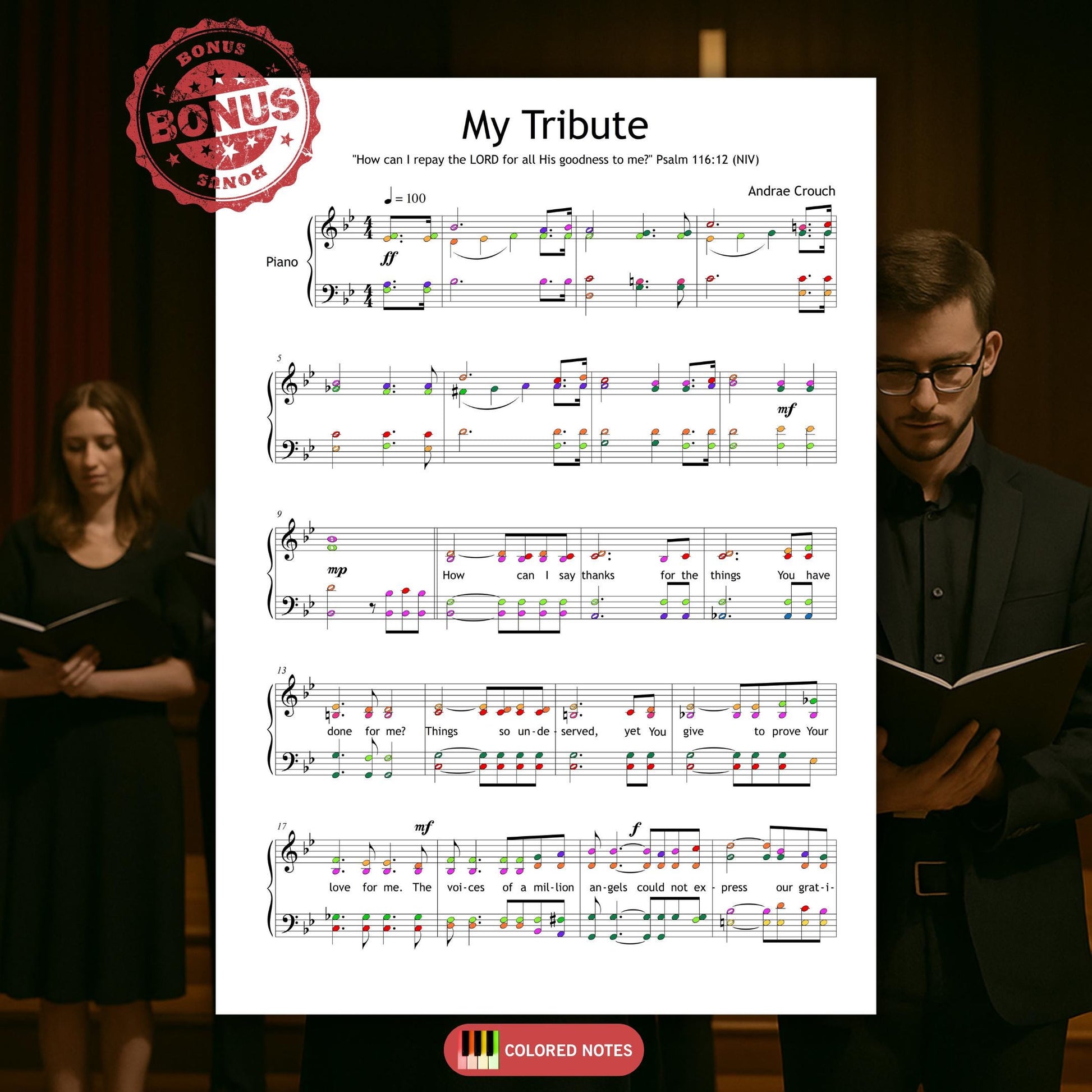 My Tribute SATB choir sheet music PDF with piano reduction.
Includes Psalm 116:12 inspiration and full lyrics embedded in score, ideal for worship teams and choir leaders.