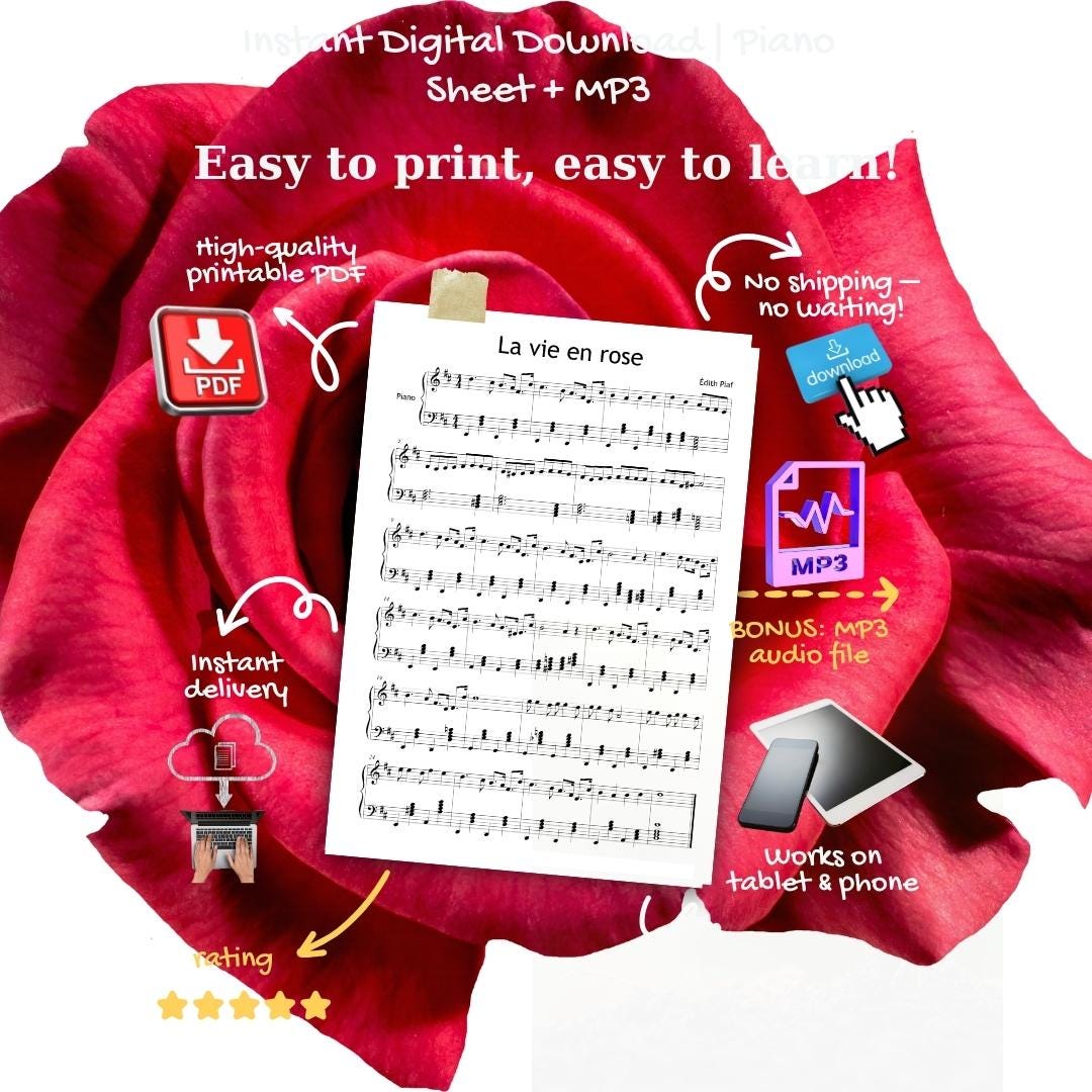 La Vie en rose by Édith Piaf downloadable and simplified piano sheet music PDF, intermediate arrangement with note names and finger numbers on the score, includes MP3 and video tutorial, printable PDF for home printing and a tablet-friendly version for lessons on the go.