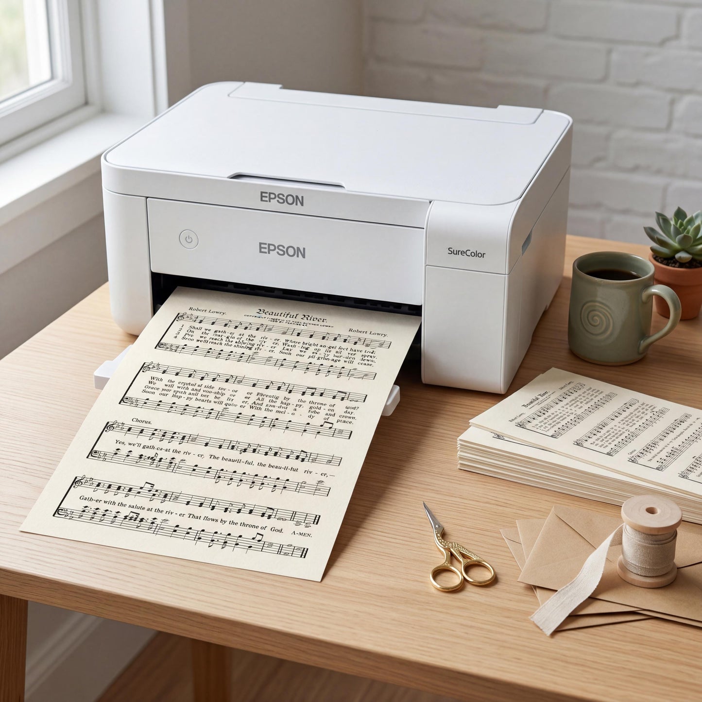 a white Epson printer on a wooden desk, with sheet music being printed onto a sheet. There are also some other items on the desk, such as a pair of scissors, a mug, and some envelopes.