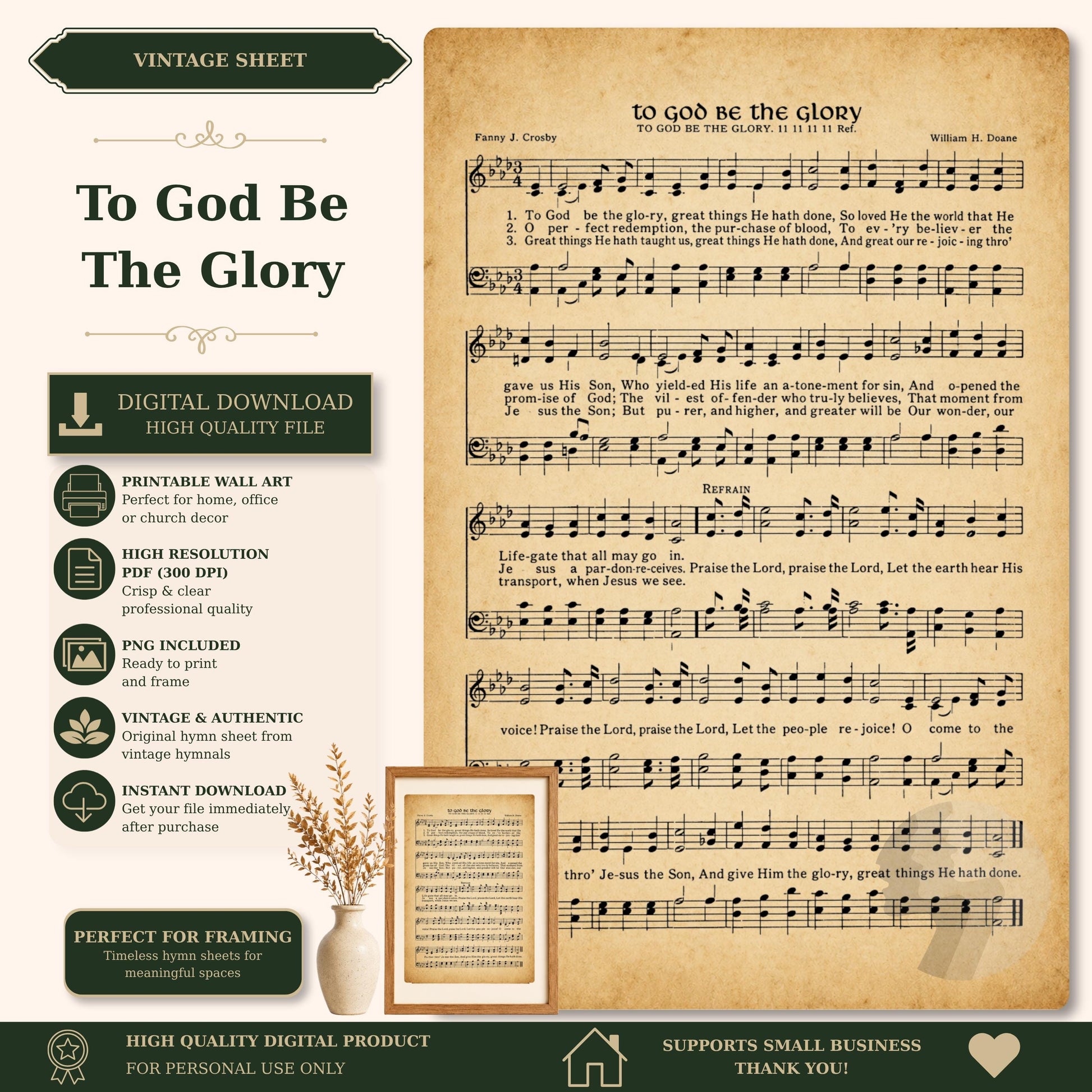 The image is a vintage sheet music titled "To God Be the Glory" by Paul J. Cross, featuring sheet music and lyrics.