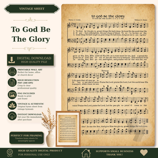 The image is a vintage sheet music titled "To God Be the Glory" by Paul J. Cross, featuring sheet music and lyrics.