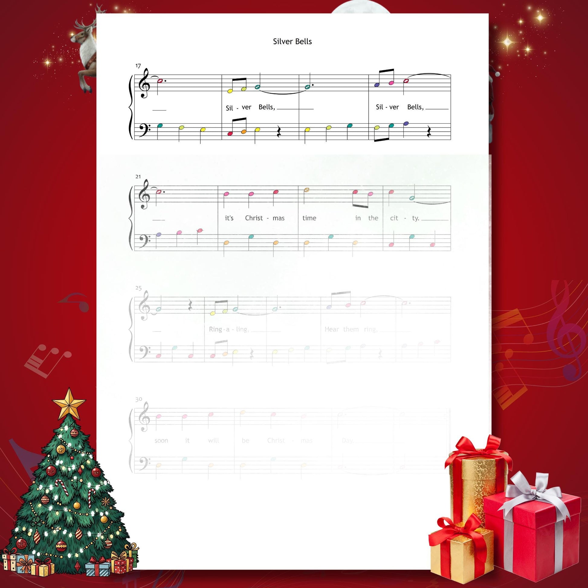 Silver Bells by Livingston & Evans downloadable and simplified piano sheet music PDF ideal for December beginner practice, offering lyrics, color notes, note names, and MP3/MP4 support for guided holiday learning.