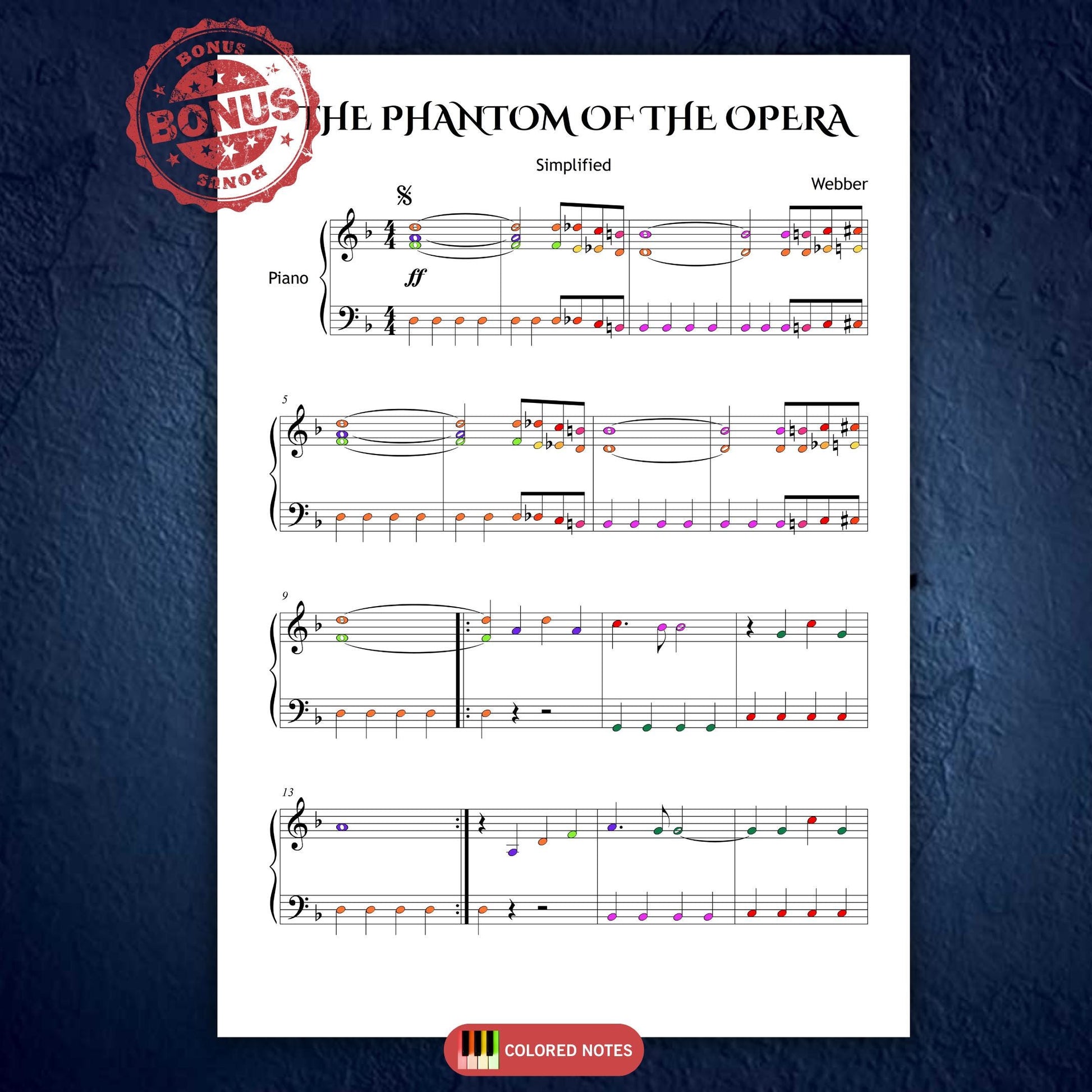 Halloween piano sheet music Phantom of the Opera simplified edition by Andrew Lloyd Webber, Grade 1–2 arrangement for beginners with PDF, note names, colors, MP3 audio, and video tutorial.