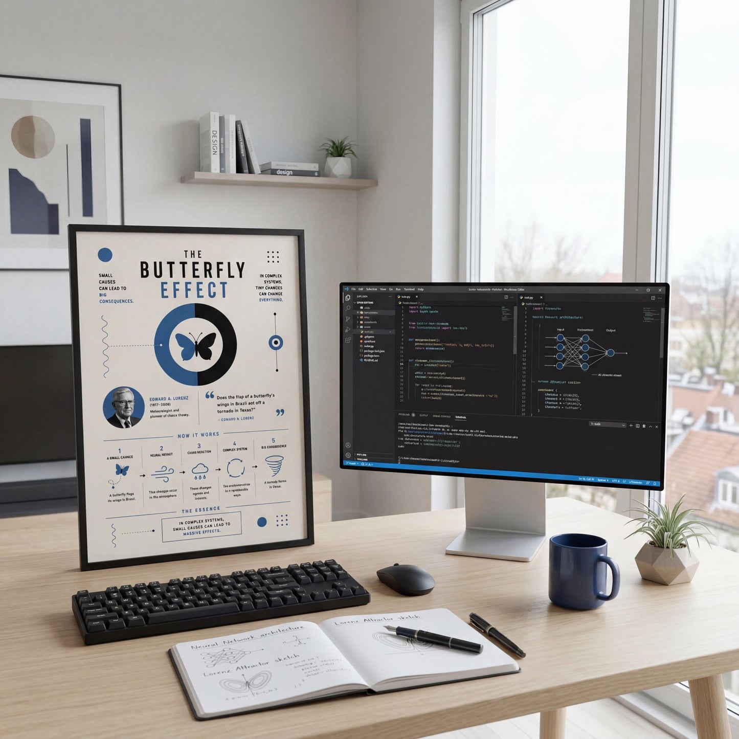 a workspace with a computer monitor displaying a diagram and text, a keyboard, a mouse, a notebook, and a mug on a wooden desk.