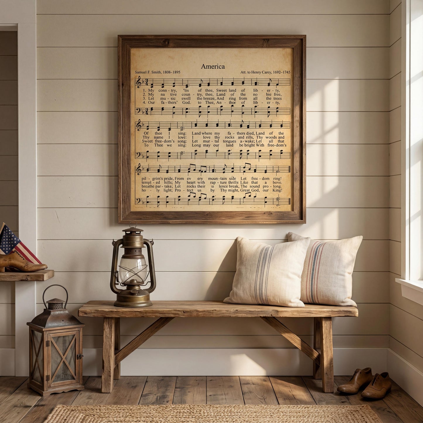 a rustic interior with a wooden bench, a lantern, and a framed sheet music poster on the wall.