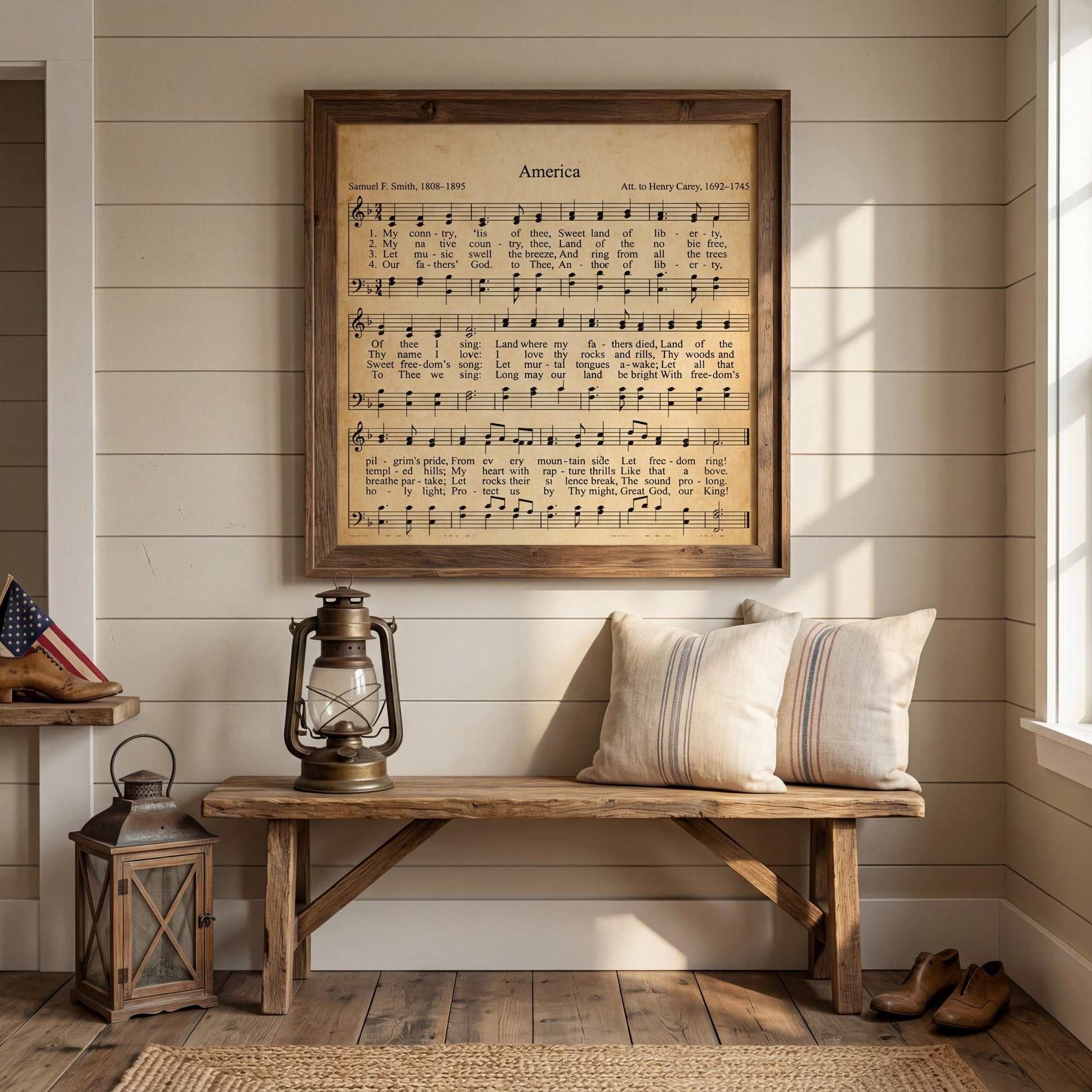 a rustic interior with a wooden bench, a lantern, and a framed sheet music poster on the wall.