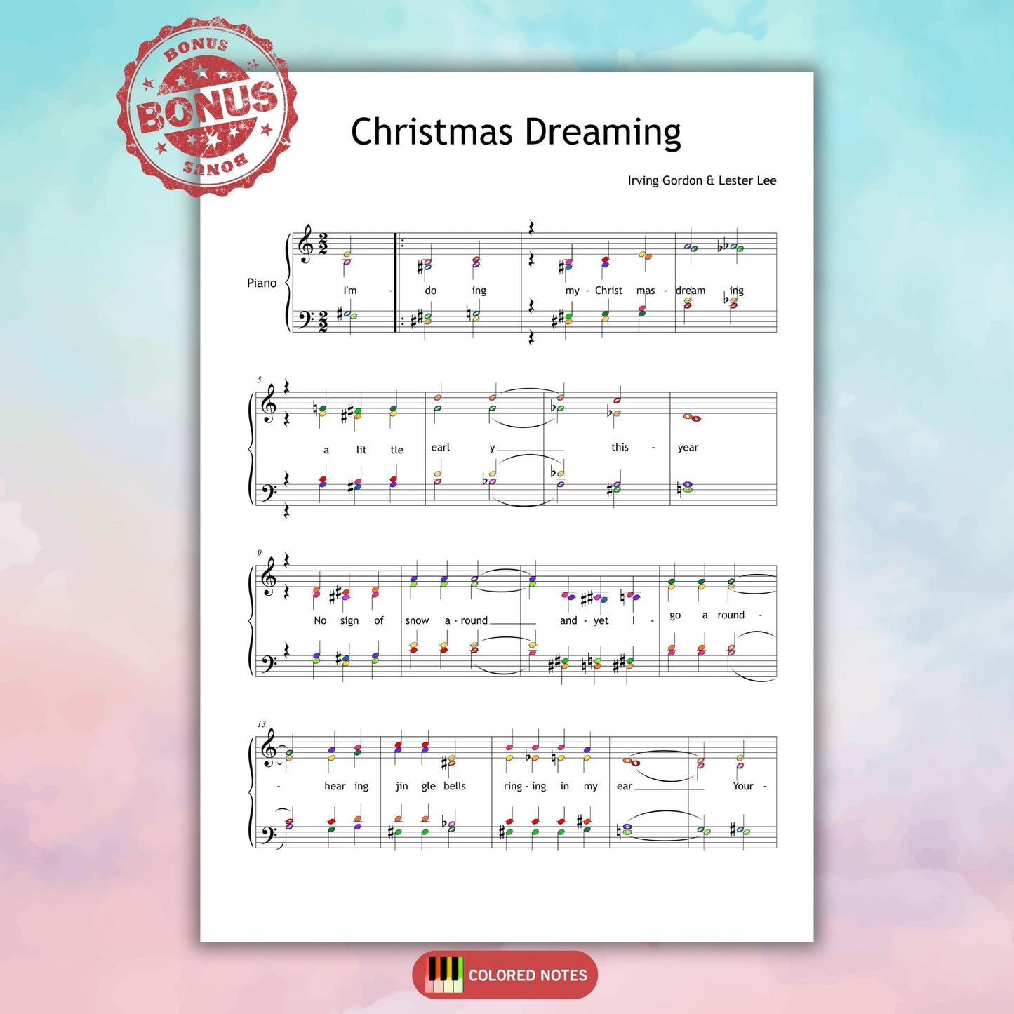 Christmas Dreaming by Irving Gordon downloadable and simplified piano sheet music PDF displayed with SATB vocal parts, piano reduction, finger numbers, note names, color-coded notes, and full lyrics in a clear Grade 3–4 engraving ideal for festive ensemble preparation.