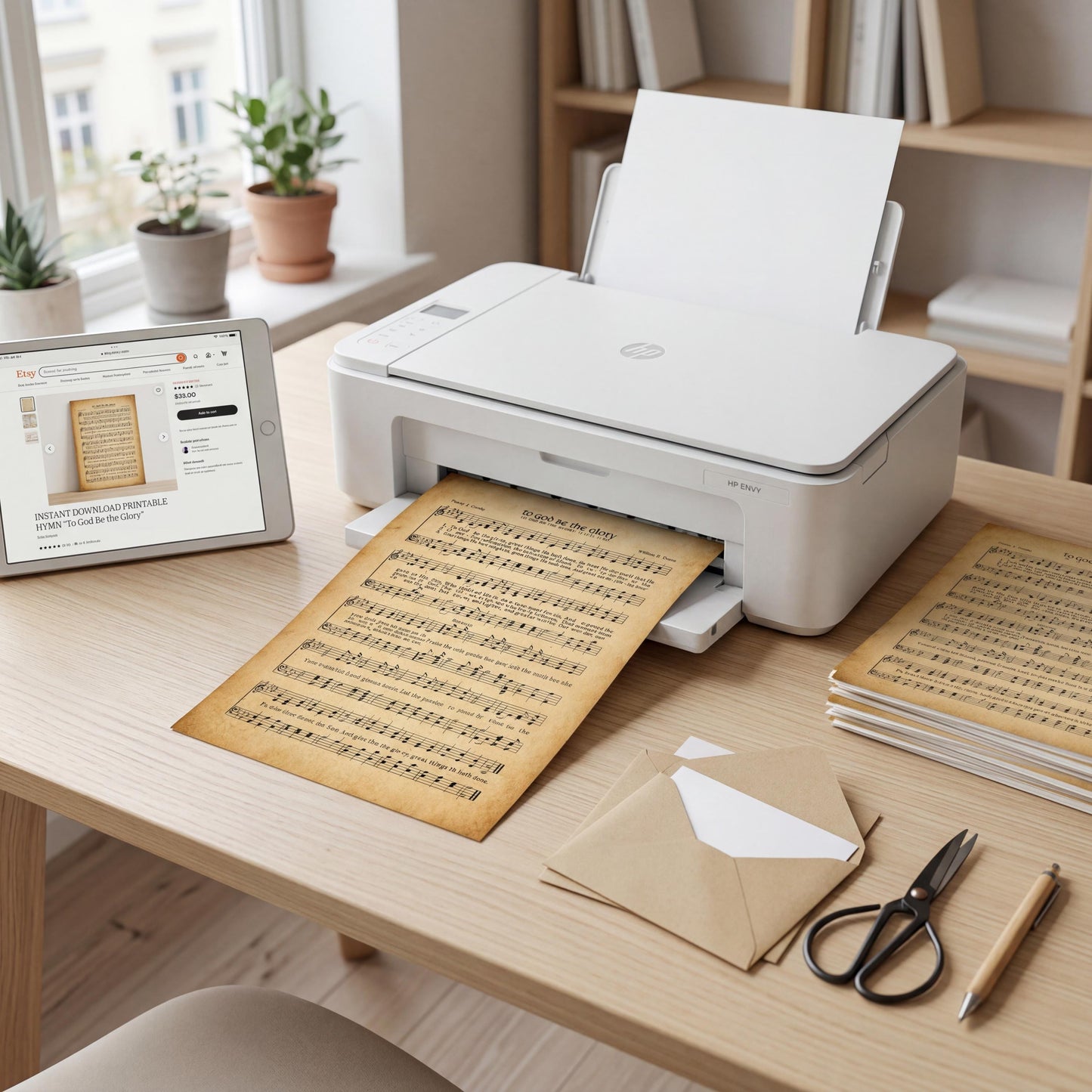 a home office setup with a printer, a tablet, and various office supplies such as envelopes, scissors, and pens on a wooden desk.
