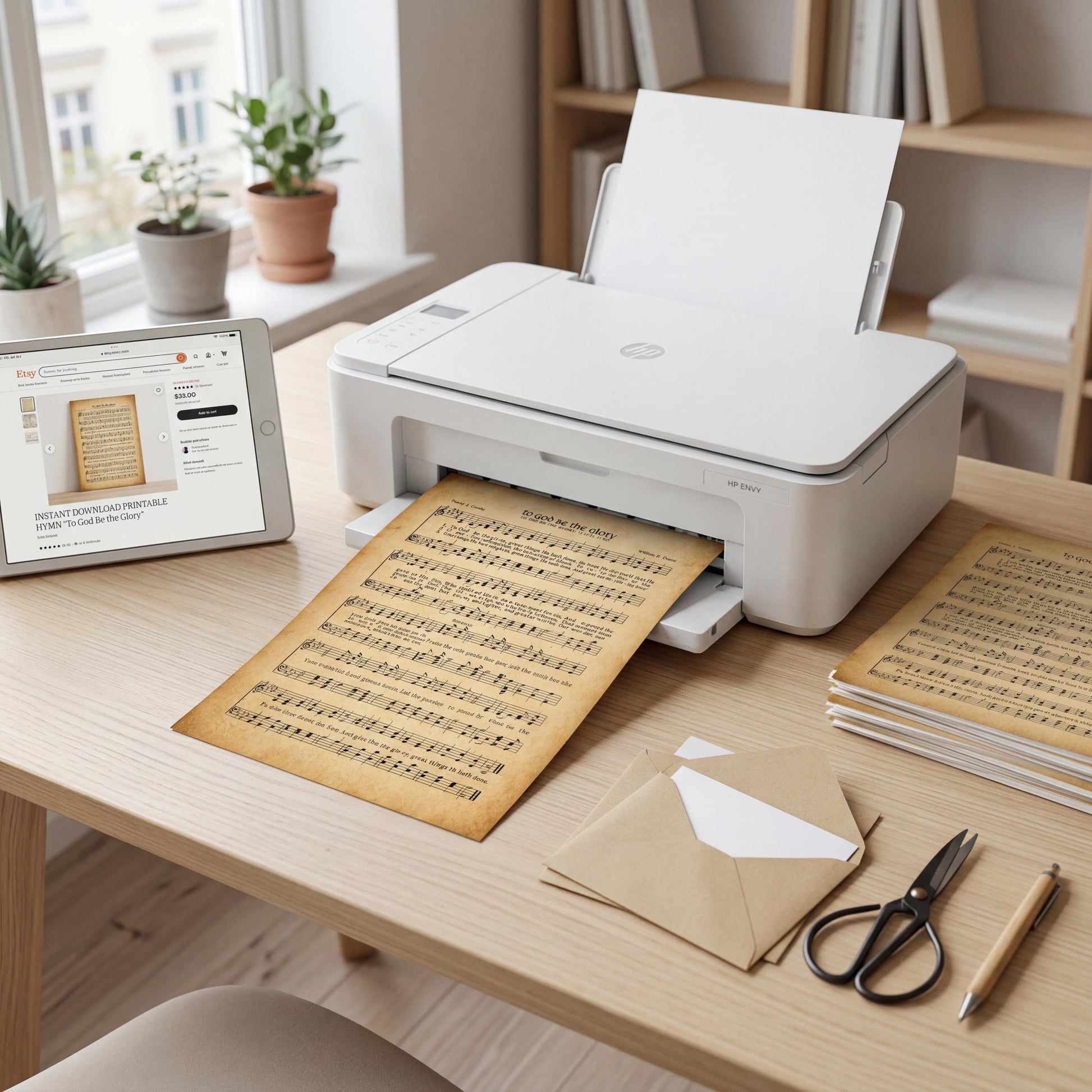 a home office setup with a printer, a tablet, and various office supplies such as envelopes, scissors, and pens on a wooden desk.
