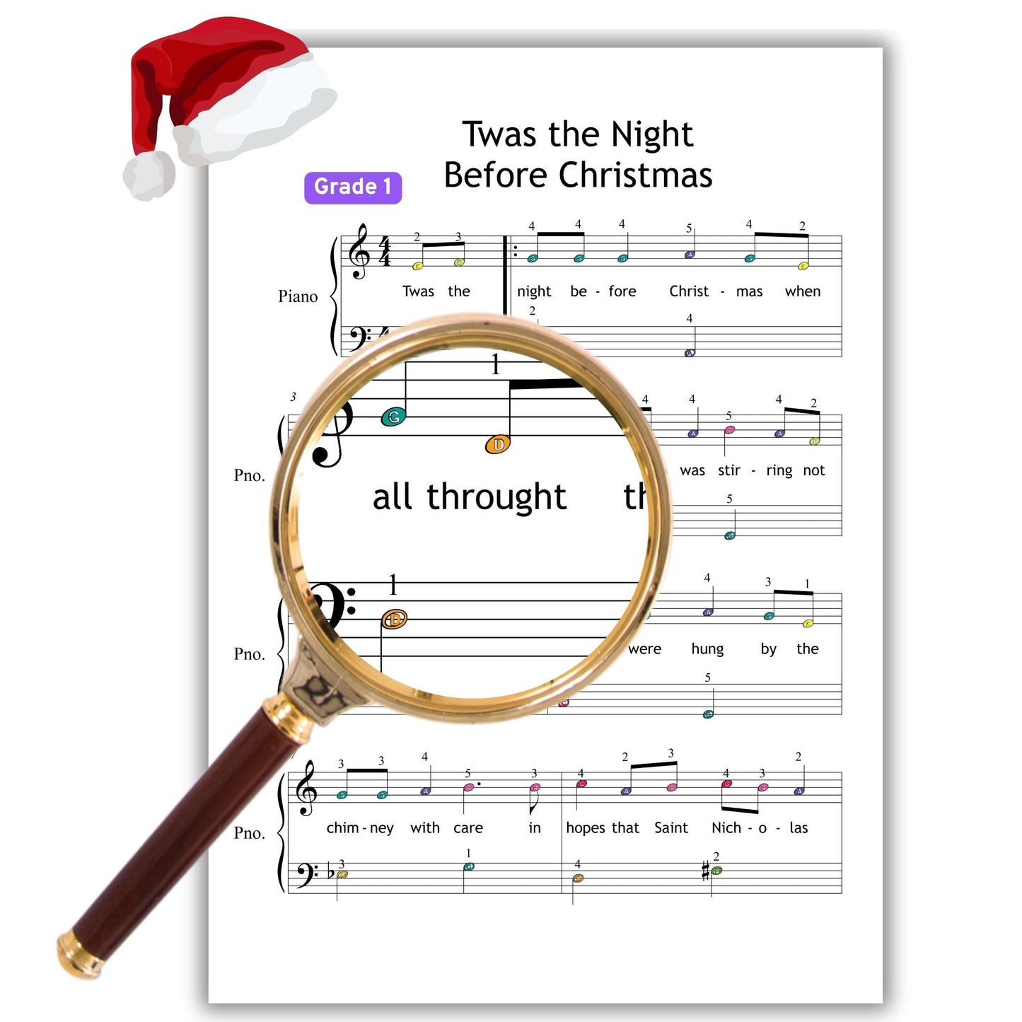 ’Twas the Night Before Christmas piano sheet music simplified PDF for Grade 1–2, arranged with learning aids: finger numbers, color-coded notes, and letter note edition, printable formats included, MP3 demo audio for guided playing, festive holiday cover, and tablet compatibility, great for recitals and lessons.