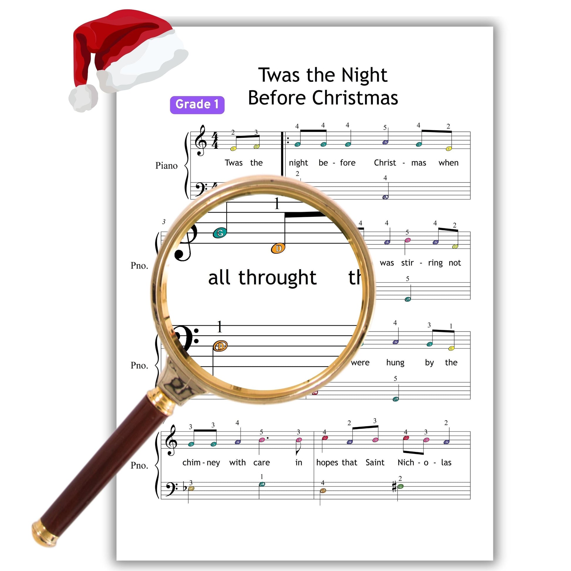’Twas the Night Before Christmas piano sheet music simplified PDF for Grade 1–2, arranged with learning aids: finger numbers, color-coded notes, and letter note edition, printable formats included, MP3 demo audio for guided playing, festive holiday cover, and tablet compatibility, great for recitals and lessons.