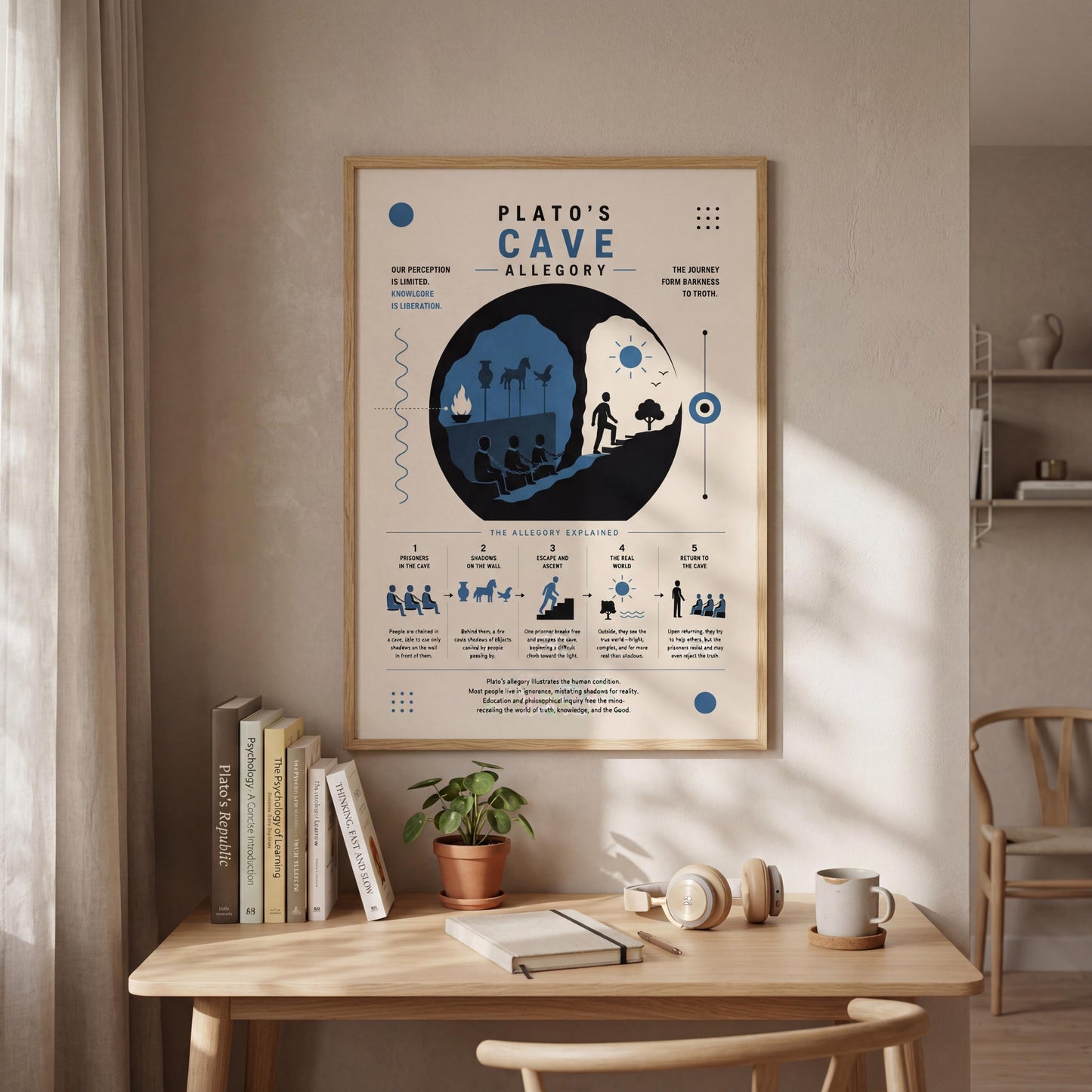 a poster of "Plato's Cave Allegory" hanging on a wall above a wooden desk with various items on it, including books, a plant, and a coffee mug.