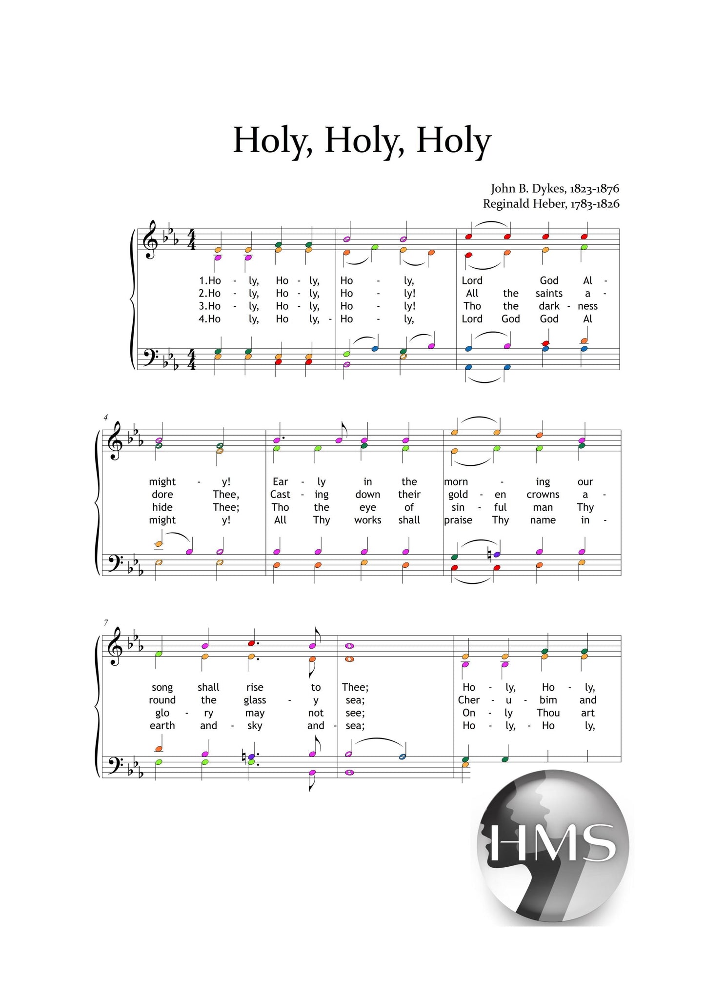Holy, Holy, Holy by Reginald Heber and John B. Dykes downloadable and simplified piano sheet music PDF in a choir and piano format highlighting finger-number placement, color-coded pitch cues, note-name options, and lyric alignment, engraved from the manuscript for reverent performance.