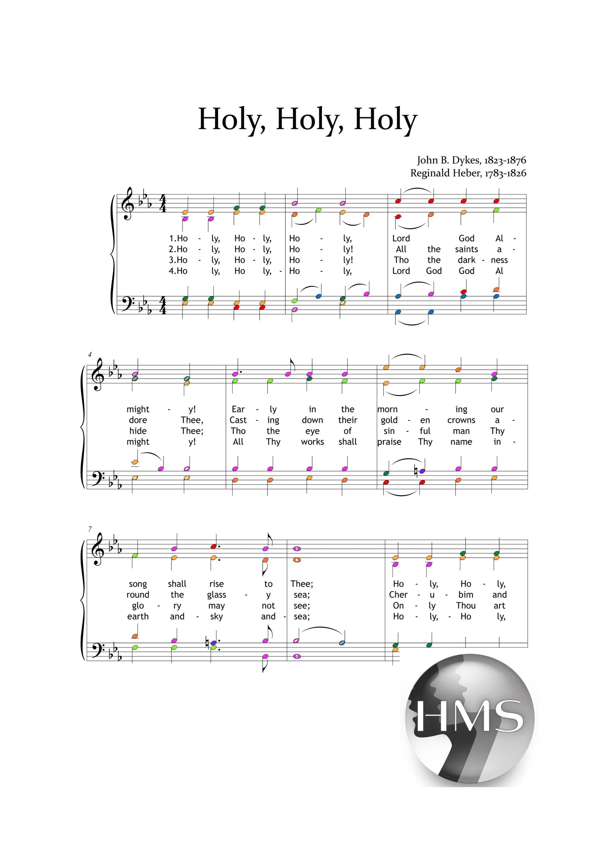 Holy, Holy, Holy by Reginald Heber and John B. Dykes downloadable and simplified piano sheet music PDF in a choir and piano format highlighting finger-number placement, color-coded pitch cues, note-name options, and lyric alignment, engraved from the manuscript for reverent performance.