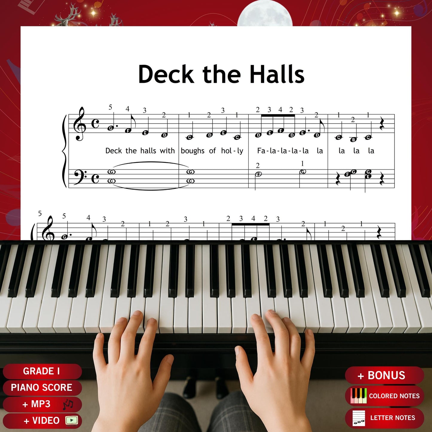 Deck the Halls by Traditional downloadable and simplified piano sheet music PDF brings the spirit of Christmas gifts 2025 to life with personalised, eco-friendly and last-minute digital Christmas printables, offering Grade 1 lyrics, finger numbers, note names and color notes for joyful festive practice and instant holiday performance.
