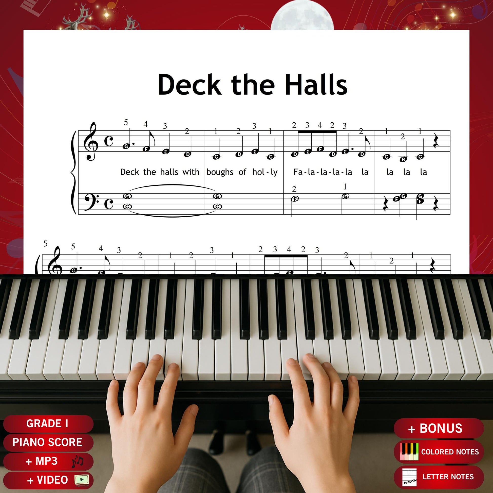 Deck the Halls by Traditional downloadable and simplified piano sheet music PDF brings the spirit of Christmas gifts 2025 to life with personalised, eco-friendly and last-minute digital Christmas printables, offering Grade 1 lyrics, finger numbers, note names and color notes for joyful festive practice and instant holiday performance.