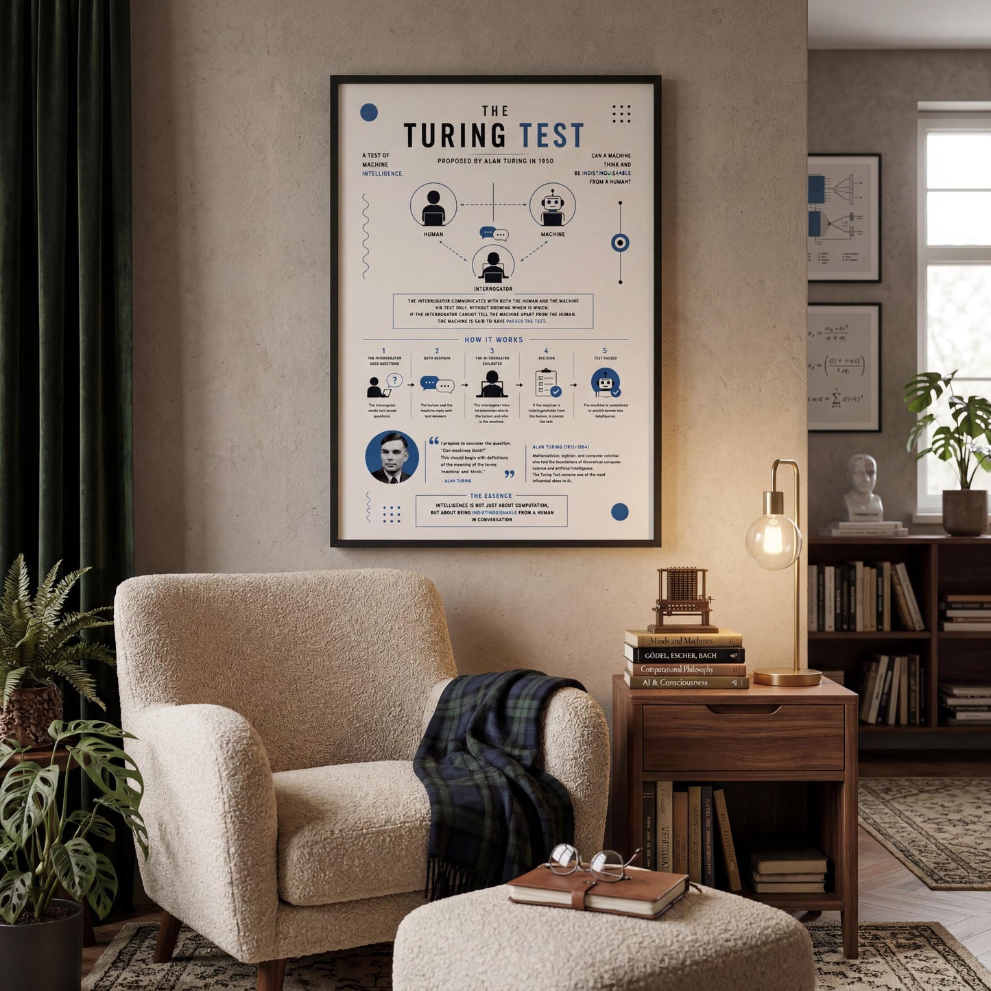 a cozy living room with a beige armchair, a wooden side table, and a lamp. Above the armchair, there is a framed poster titled "The TURING TEST" that appears to be an educational or informational piece.
