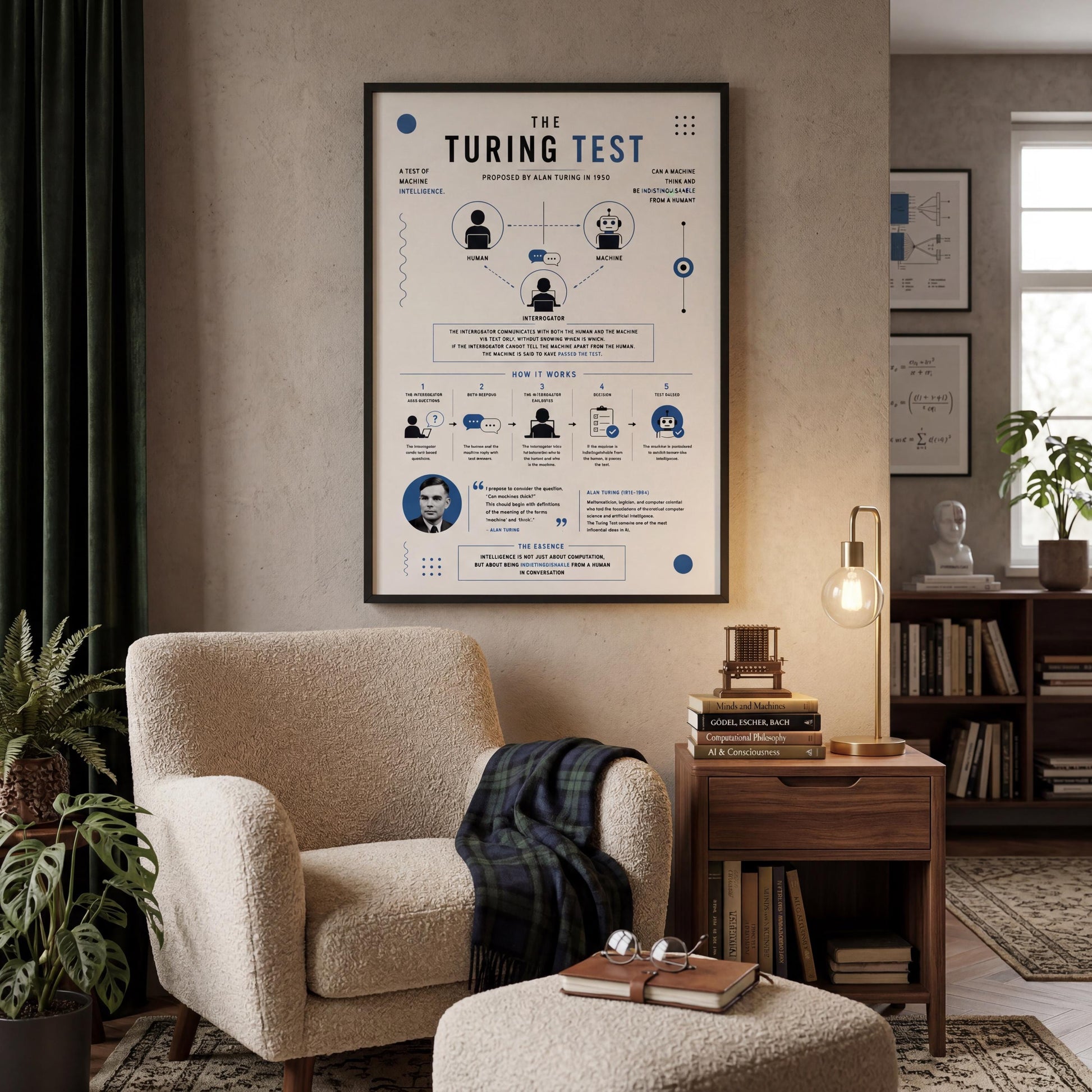 a cozy living room with a beige armchair, a wooden side table, and a lamp. Above the armchair, there is a framed poster titled "The TURING TEST" that appears to be an educational or informational piece.