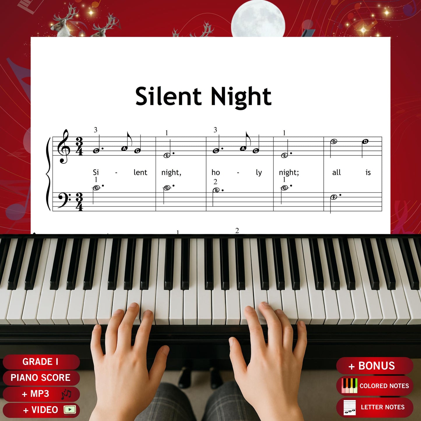 Silent Night by Franz Gruber downloadable and simplified Christmas piano sheet music PDF for Grade 1 beginners, featuring lyrics, color-coded notes, note names, finger numbers, and tablet-ready pages for gentle and joyful holiday learning.