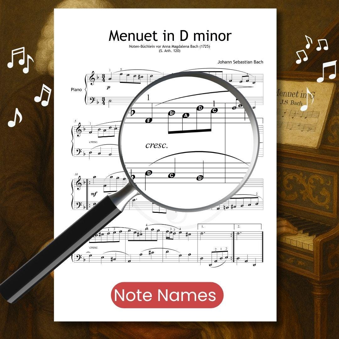 Menuet in D Minor by Johann Sebastian Bach – downloadable and simplified piano sheet music PDF with note names on each notehead. Supports note-reading development for beginner students in conservatory programs or private piano courses.