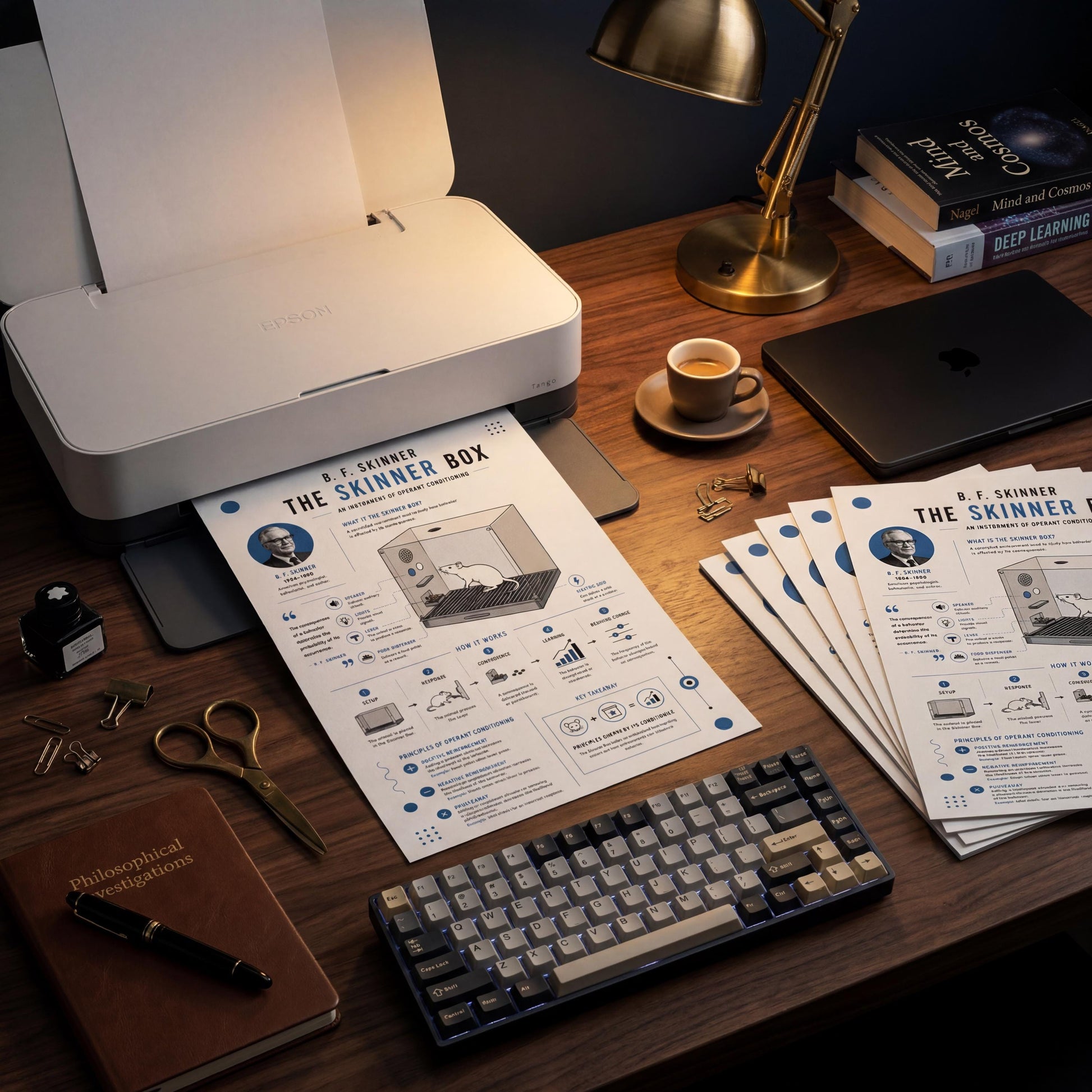 a desk with various office supplies and equipment, including a printer, a keyboard, a lamp, a book, and several papers or documents.