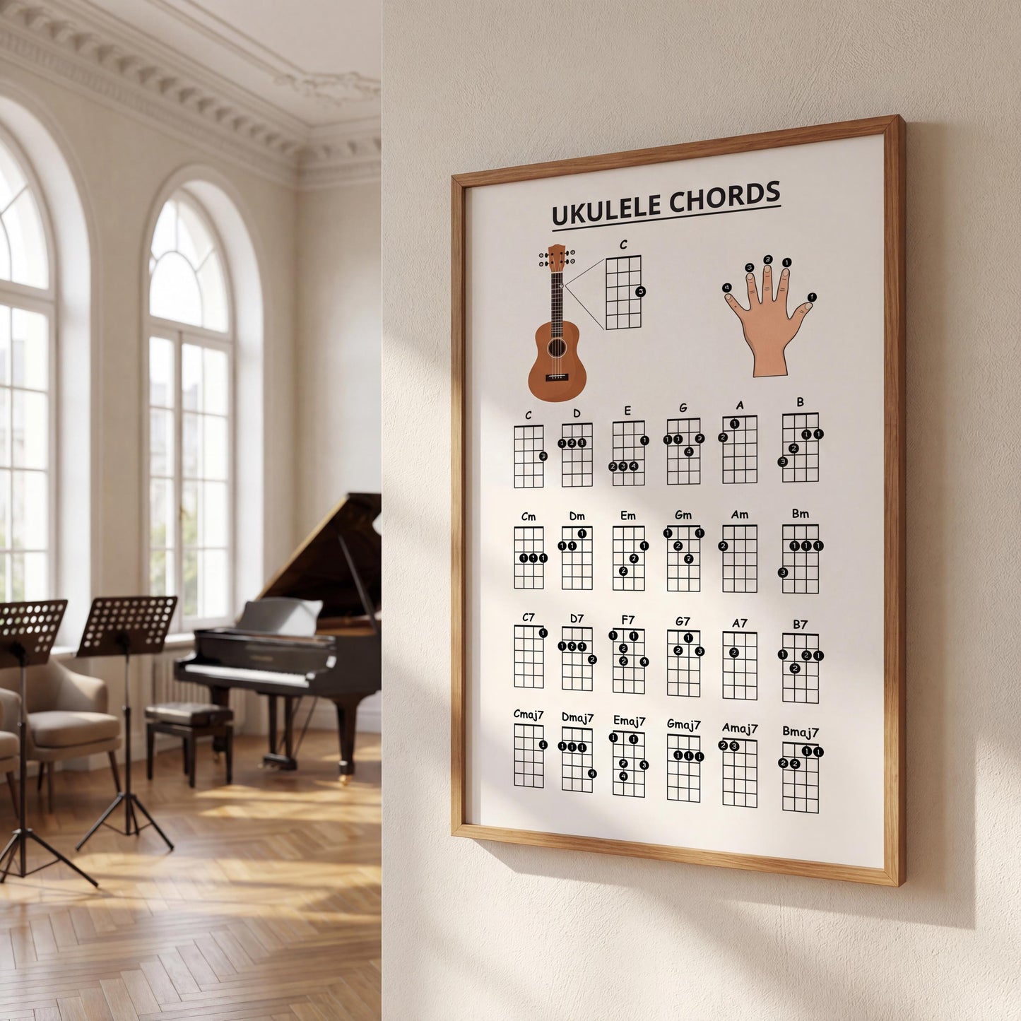 Ukulele fingering chart printable PDF designed for beginners, presenting clean chord boxes with finger numbers and logical spacing suitable for printing or tablet-based practice.