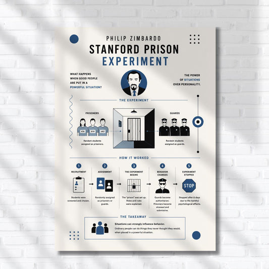 The image is a poster titled "Stanford Prison Experiment" by Philip Zimbardo, depicting the experiment's process and its impact on the participants.