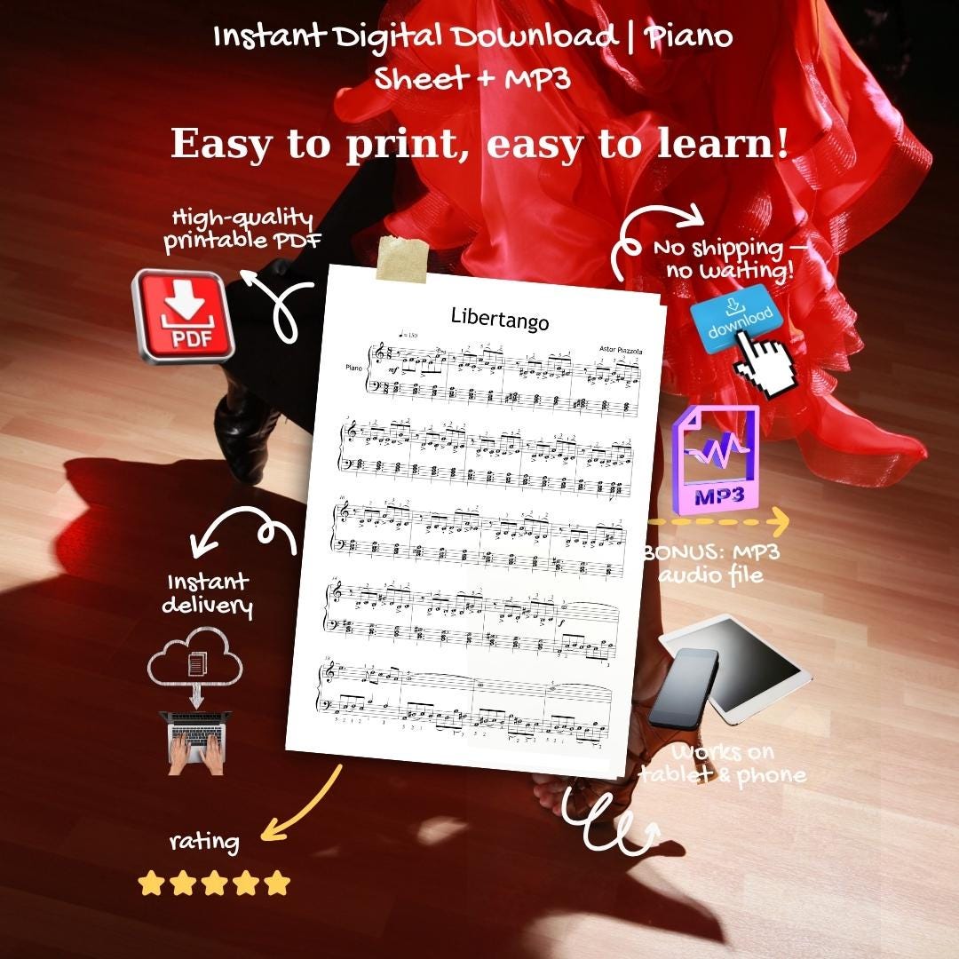 Libertango by Astor Piazzolla downloadable and simplified piano sheet music PDF displayed as a multi-version Grade 5 pack including standard notation, finger numbers, color notes, and note-name pages, all prepared from the composer’s manuscript for flexible practice options.