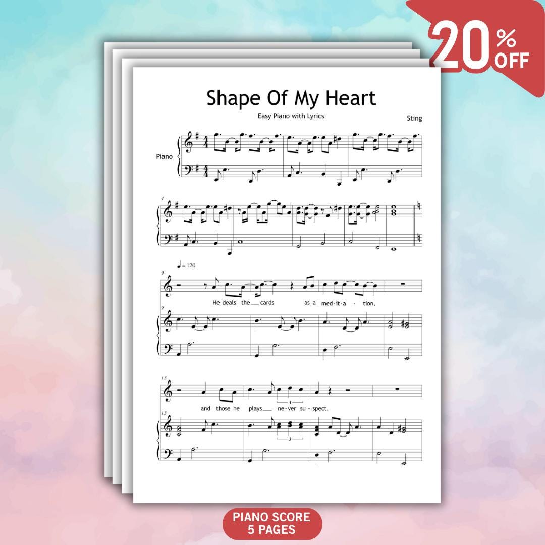 Shape of My Heart by Sting downloadable and simplified piano sheet music PDF presented as a Grade 4 arrangement featuring finger-number guidance, letter-name notation, color-coded notes, and manuscript-aligned editing for smooth intermediate pop performance.