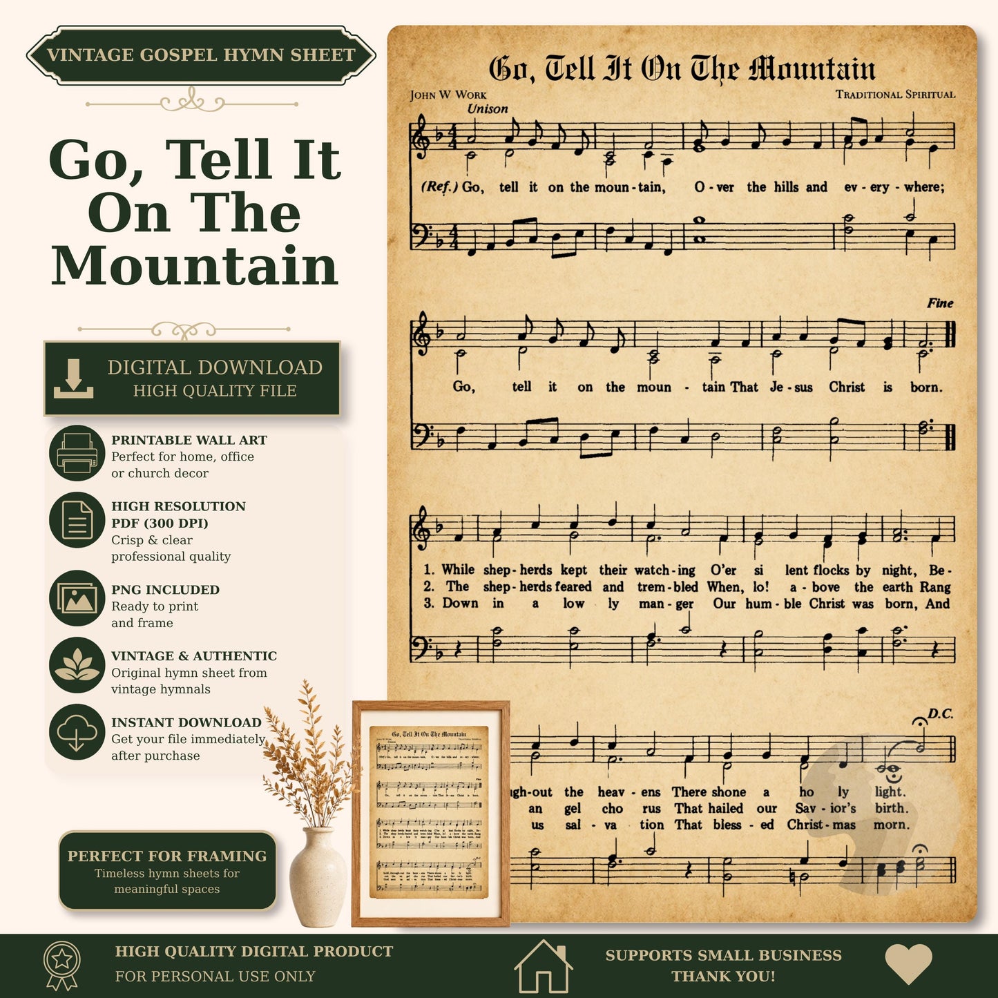 The image is a vintage-style sheet music for a song titled "Go, Tell It On The Mountain". It includes sheet music and lyrics, as well as a printed wall art version. The sheet music is accompanied by a vase of dried flowers, and the image is described as a "Vintage Gospel Hymn Sheet" and a "Traditional Spiritual".