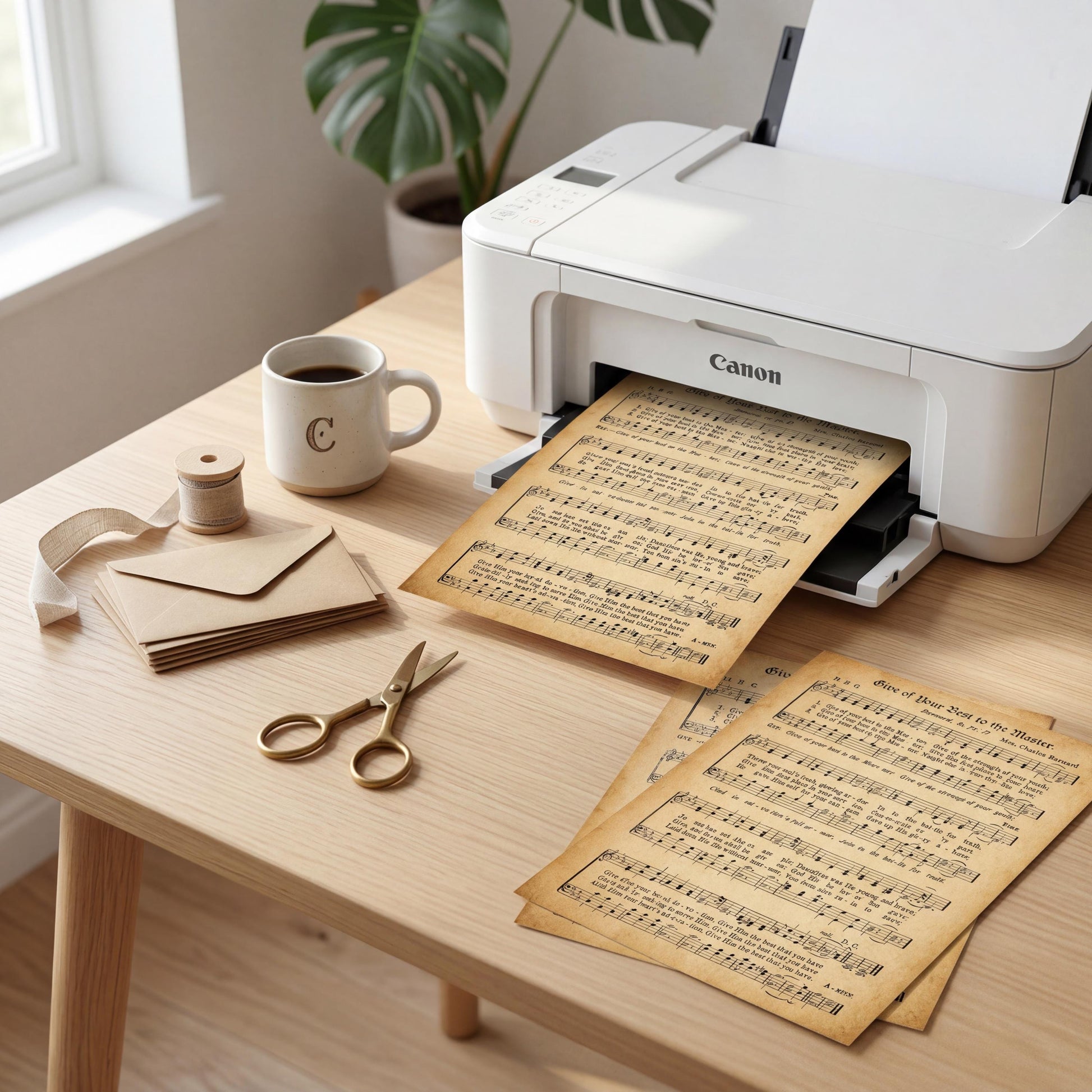 a printer with sheet music being printed, a cup of coffee, a pair of scissors, and some envelopes on a wooden desk.