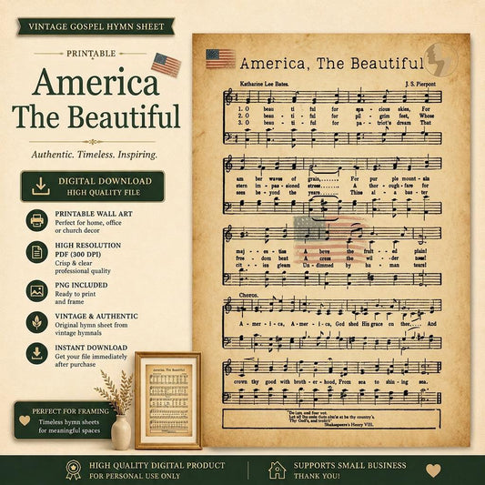 America The Beautiful Vintage Sheet Music Printable | Patriotic Antique Music Wall Art PDF PNG | Americana Decor Download