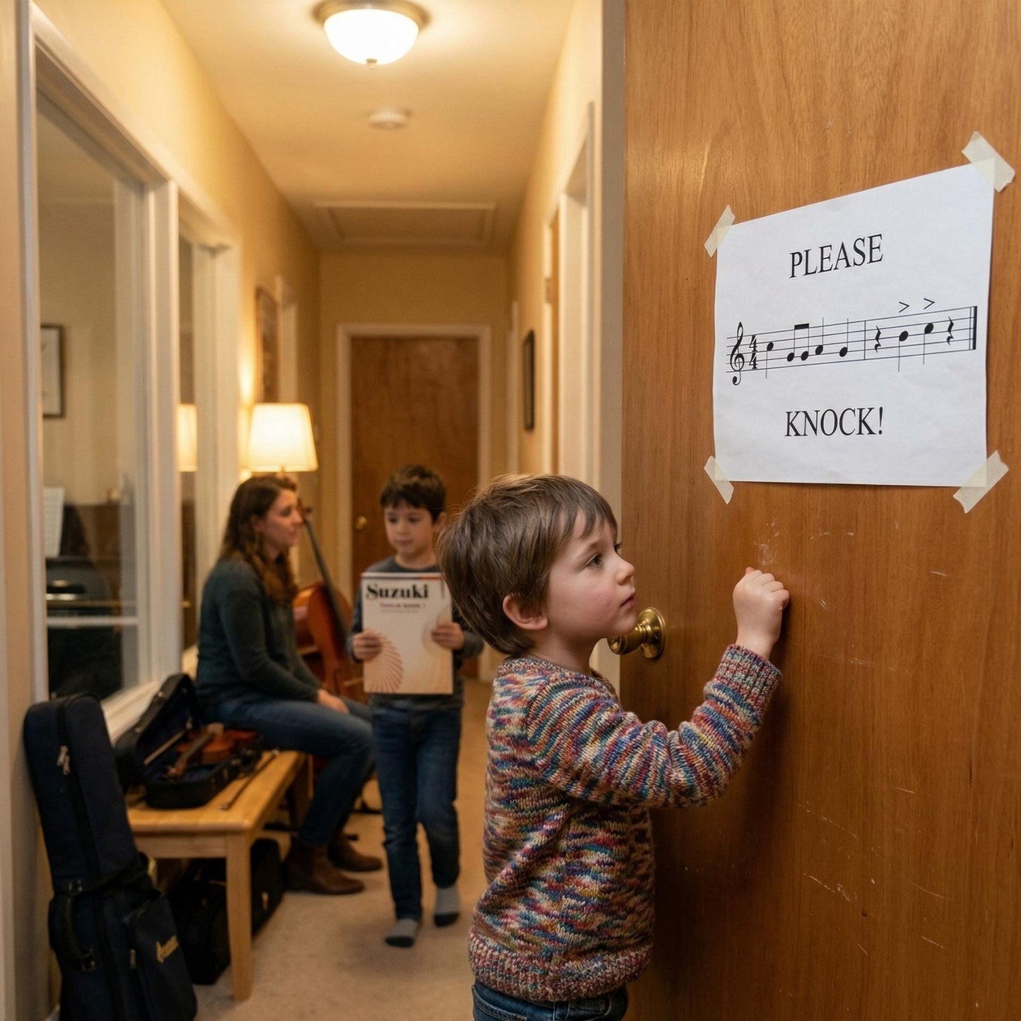 Music school door sign printable Please Knock poster with structured layout and musical elements, suitable for classrooms and institutional use