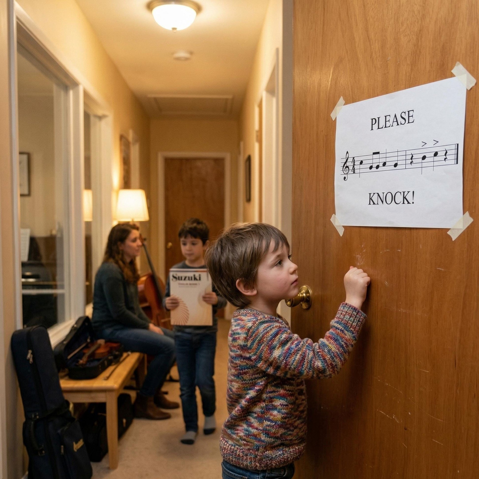 Music school door sign printable Please Knock poster with structured layout and musical elements, suitable for classrooms and institutional use