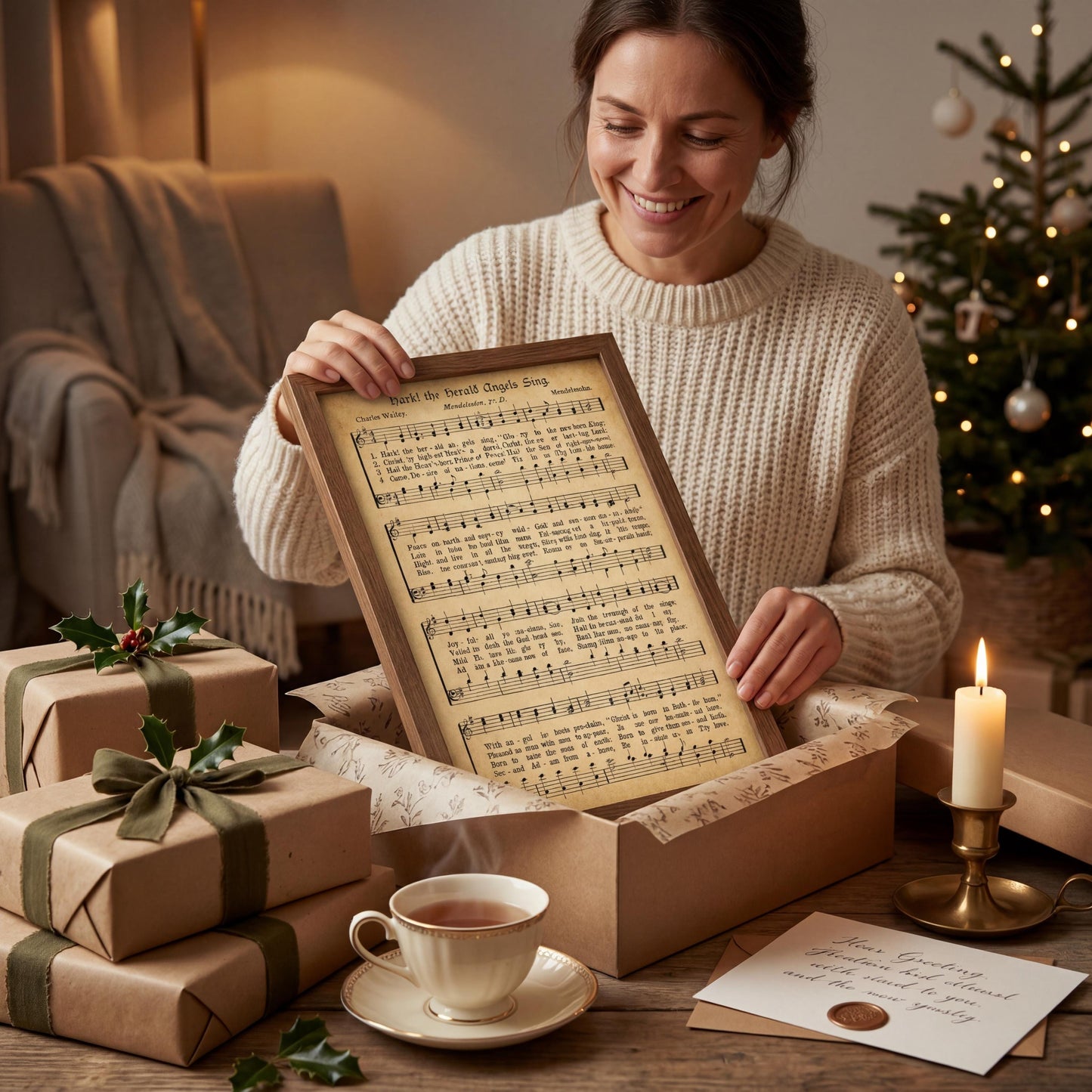 A woman in a white sweater is holding up a framed sheet music with lyrics, surrounded by wrapped gifts, a cup of tea, and a lit candle on a table.