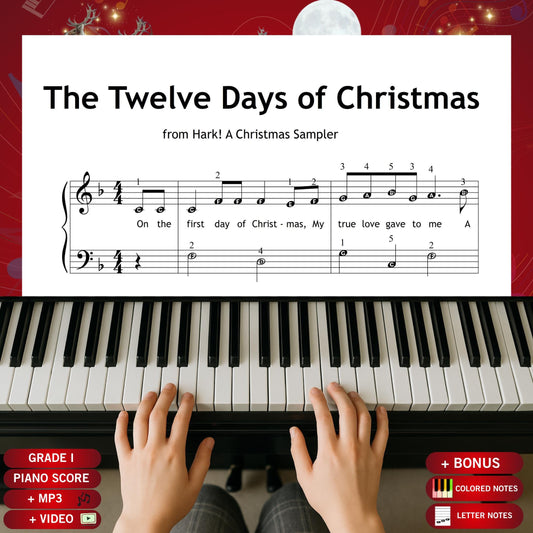 The Twelve Days of Christmas by Traditional beginner piano sheet music PDF presents a clear Grade 1 arrangement with lyrics, steady rhythms and a clean layout, ideal for young learners who want an accessible Christmas carol to read, practise and perform during the holiday season.