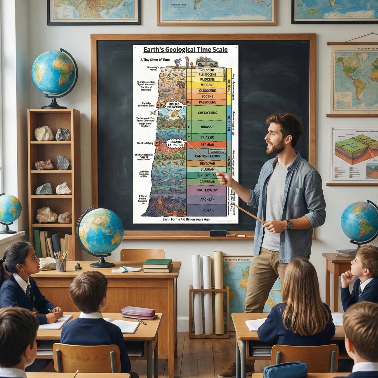 Stratigraphic Chronicle illustrated Earth history timeline shown as a visually rich geological time scale chart presenting Earth’s history from formation to the present, with eons, eras, periods, and epochs clearly organized for geography and earth science education.