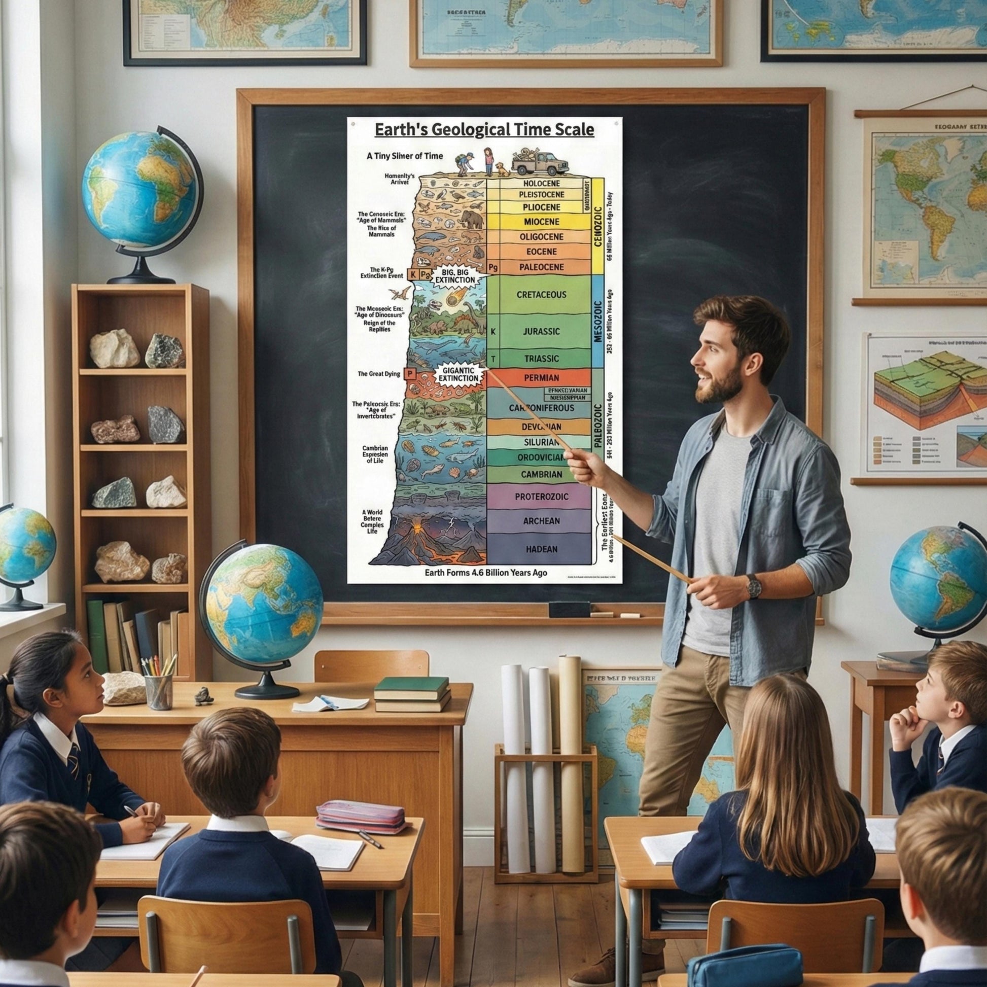 Stratigraphic Chronicle illustrated Earth history timeline shown as a visually rich geological time scale chart presenting Earth’s history from formation to the present, with eons, eras, periods, and epochs clearly organized for geography and earth science education.
