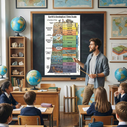 Stratigraphic Chronicle illustrated Earth history timeline shown as a visually rich geological time scale chart presenting Earth’s history from formation to the present, with eons, eras, periods, and epochs clearly organized for geography and earth science education.