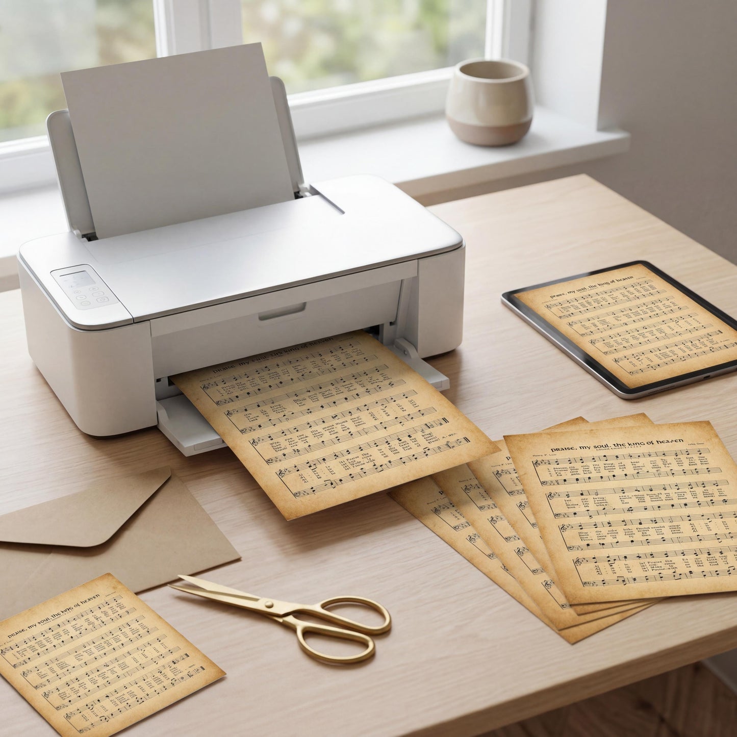 a printer on a desk with several sheet music pieces printed on it, along with a pair of scissors and some envelopes.