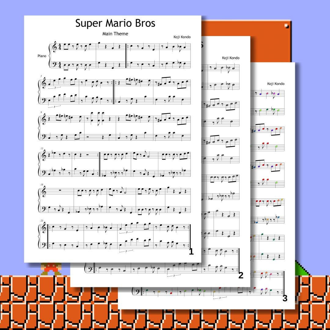 Three layered versions of the Super Mario Bros. piano sheet music display a clean edition, a note-name version, and a color-coded version, illustrating the complete bundle of simplified resources included in the digital download.