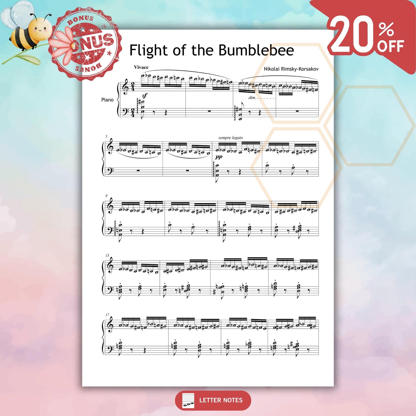 Printable piano sheet music for Flight of the Bumblebee, original version, fast-paced and technically challenging