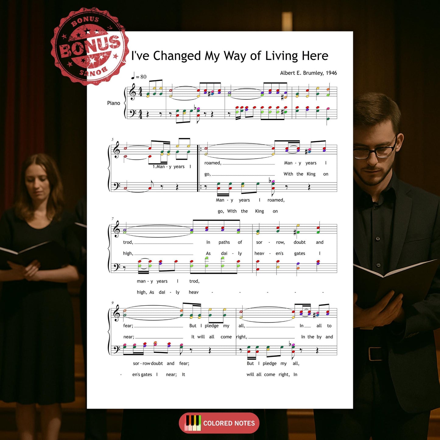I’ve Changed My Way of Living by A. E. Brumley downloadable and simplified piano sheet music PDF featuring a pedagogically clear SATB score and piano part, including finger numbers, color-coded notes, and note-name alternatives engraved from manuscript sources with full gospel lyrics included.