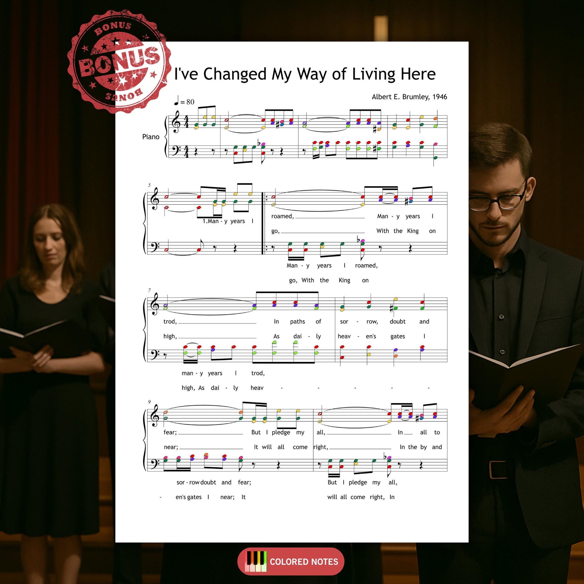 I’ve Changed My Way of Living by A. E. Brumley downloadable and simplified piano sheet music PDF featuring a pedagogically clear SATB score and piano part, including finger numbers, color-coded notes, and note-name alternatives engraved from manuscript sources with full gospel lyrics included.