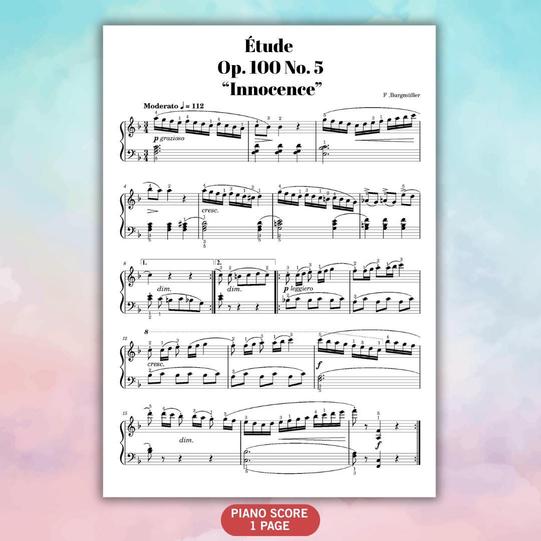Innocence by Burgmüller, Étude Op. 100 No. 5, beginner to intermediate piano sheet music, downloadable PDF with note names and finger numbers, color-coded version, MP3 reference audio, and MP4 video tutorial included.