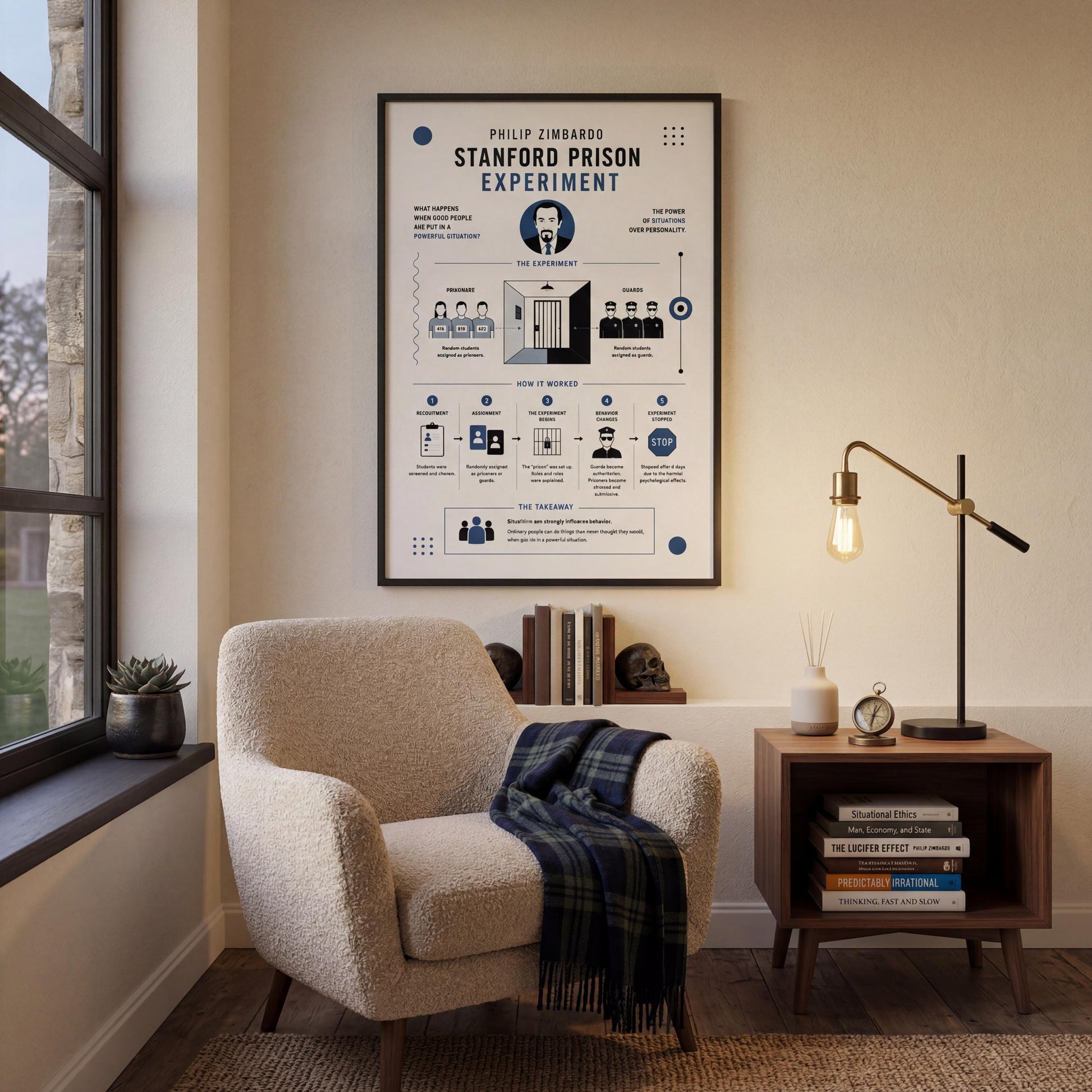 a poster of a Stanford Prison Experiment hanging on a wall in a living room. The poster includes various illustrations and text related to the experiment, such as a man in a white shirt, a group of people in a cell, and a clock. The poster is framed by a black border and is positioned above a beige armchair. The living room has a wooden floor, a lamp, and a bookshelf with books and a vase.