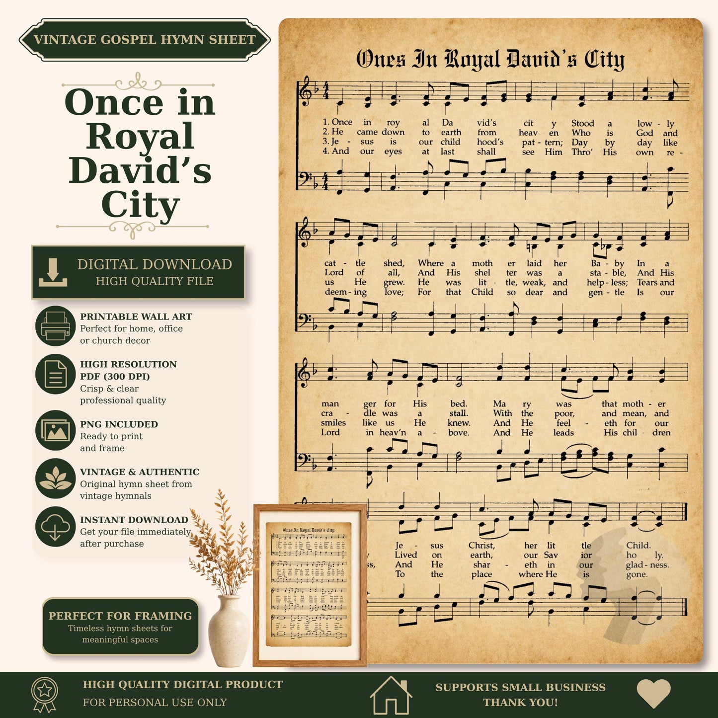 The image is a vintage-style sheet music for a song titled "Once in Royal David's City" with accompanying lyrics. The sheet music is accompanied by a framed image of a plant, and the image also includes text describing the sheet music as a "VINTAGE GOSPEL Hymn Sheet" and a "VIRTUAL DOWNLOAD HIGH QUALITY file". The sheet music is perfect for framing and is a high-quality digital product that supports small businesses.