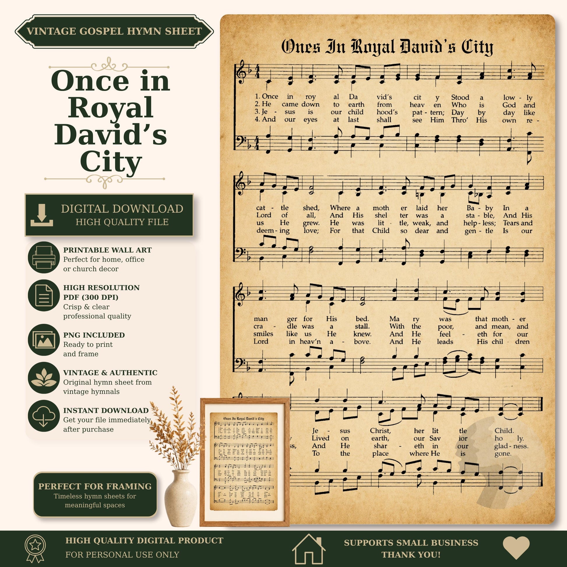 The image is a vintage-style sheet music for a song titled "Once in Royal David's City" with accompanying lyrics. The sheet music is accompanied by a framed image of a plant, and the image also includes text describing the sheet music as a "VINTAGE GOSPEL Hymn Sheet" and a "VIRTUAL DOWNLOAD HIGH QUALITY file". The sheet music is perfect for framing and is a high-quality digital product that supports small businesses.
