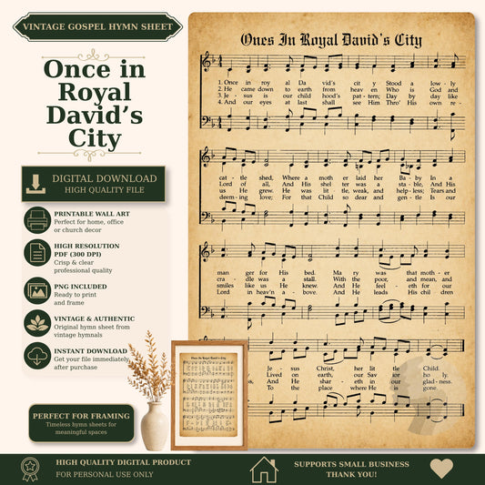 The image is a vintage-style sheet music for a song titled "Once in Royal David's City" with accompanying lyrics. The sheet music is accompanied by a framed image of a plant, and the image also includes text describing the sheet music as a "VINTAGE GOSPEL Hymn Sheet" and a "VIRTUAL DOWNLOAD HIGH QUALITY file". The sheet music is perfect for framing and is a high-quality digital product that supports small businesses.
